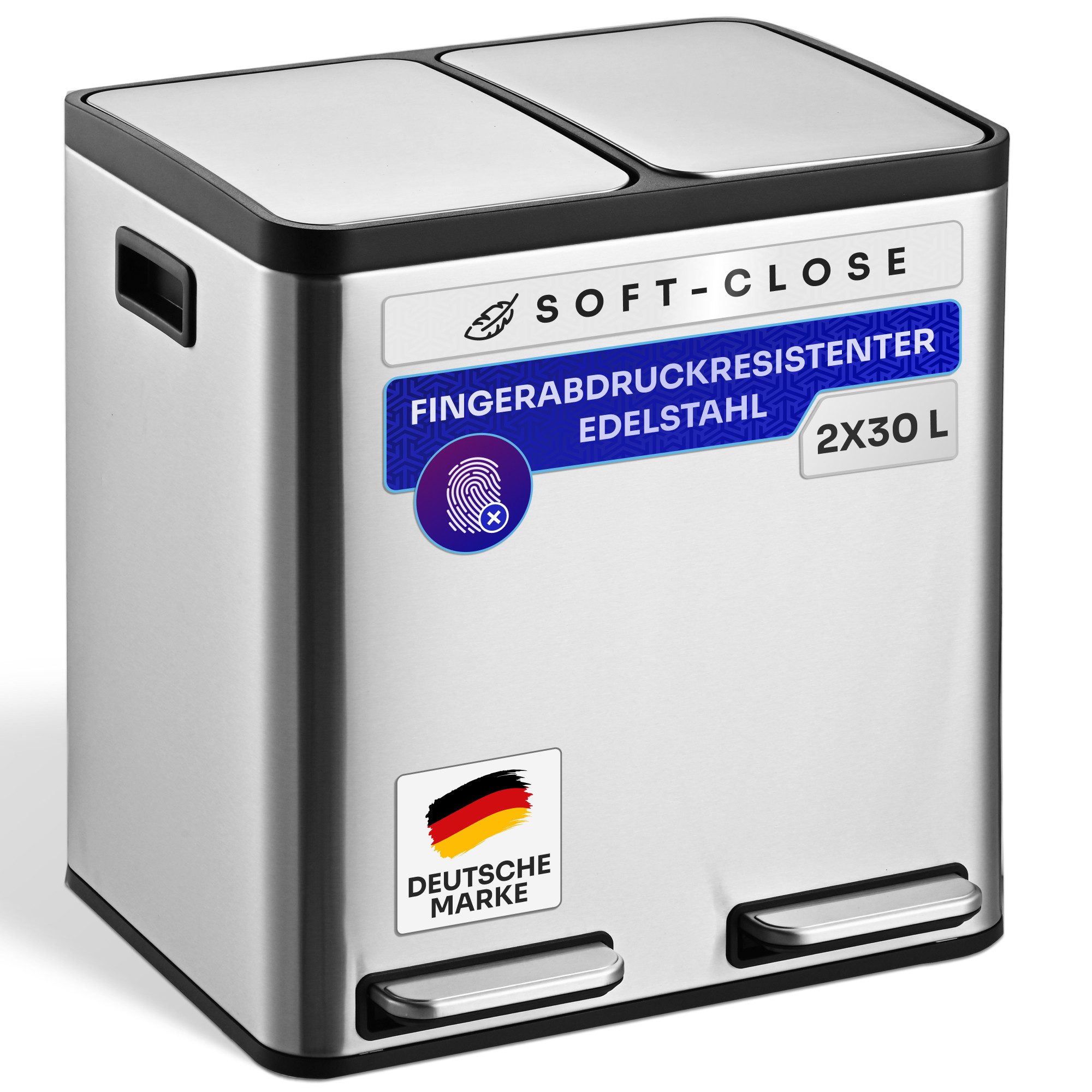 Gardissimo Мусорные урны Edelstahl Duo Abfalleimer Мусорные ведра с педалью Ruby 2 x 30 Liter = 60 Liter, Soft-Close Deckel Fingerabdruck resistent mit zwei Inneneimern
