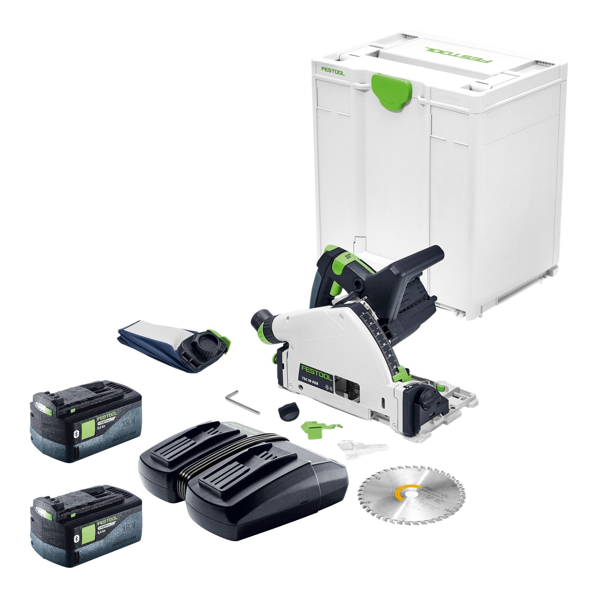FESTOOL Kompakt-Handkreissäge TSC 55 KEB-Basic 18 / 36 V 160 mm + 2x Akku 5,0 Ah + Doppellader