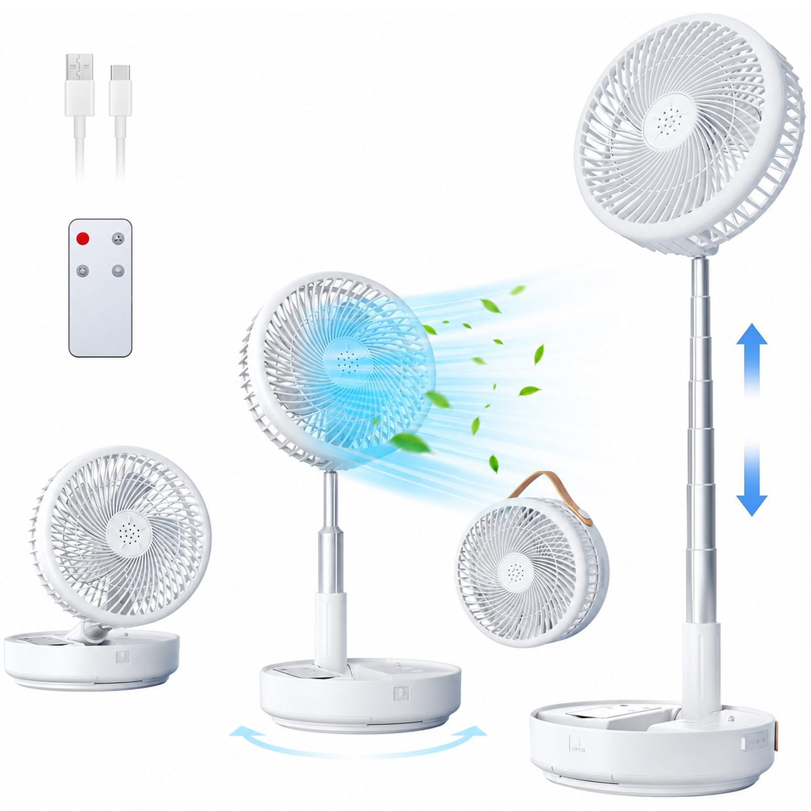MOPUEA Akku-Standventilator Akku-Standventilator Faltbar Höhenverstellbar Fernbedienung Tragbar, 10400 mAh Akku leise faltbar 90° Schwenkung 8 Std Timer
