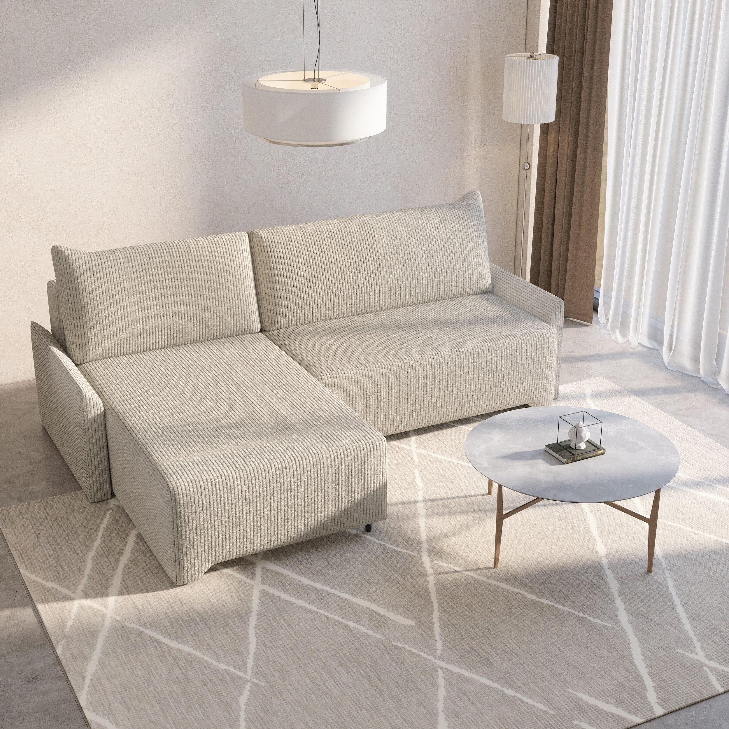 MOEBLO Ecksofa Rocky, – Cordstoff Sofa in L-Form – Schlafsofa mit Schlaffunktion & Bettkasten – Eckcouch mit Ottomane – Polsterecke für Wohnzimmer – Sofagarnitur Eckgarnitur links oder rechts montierbar, (BxHxT):245x83x174 cm
