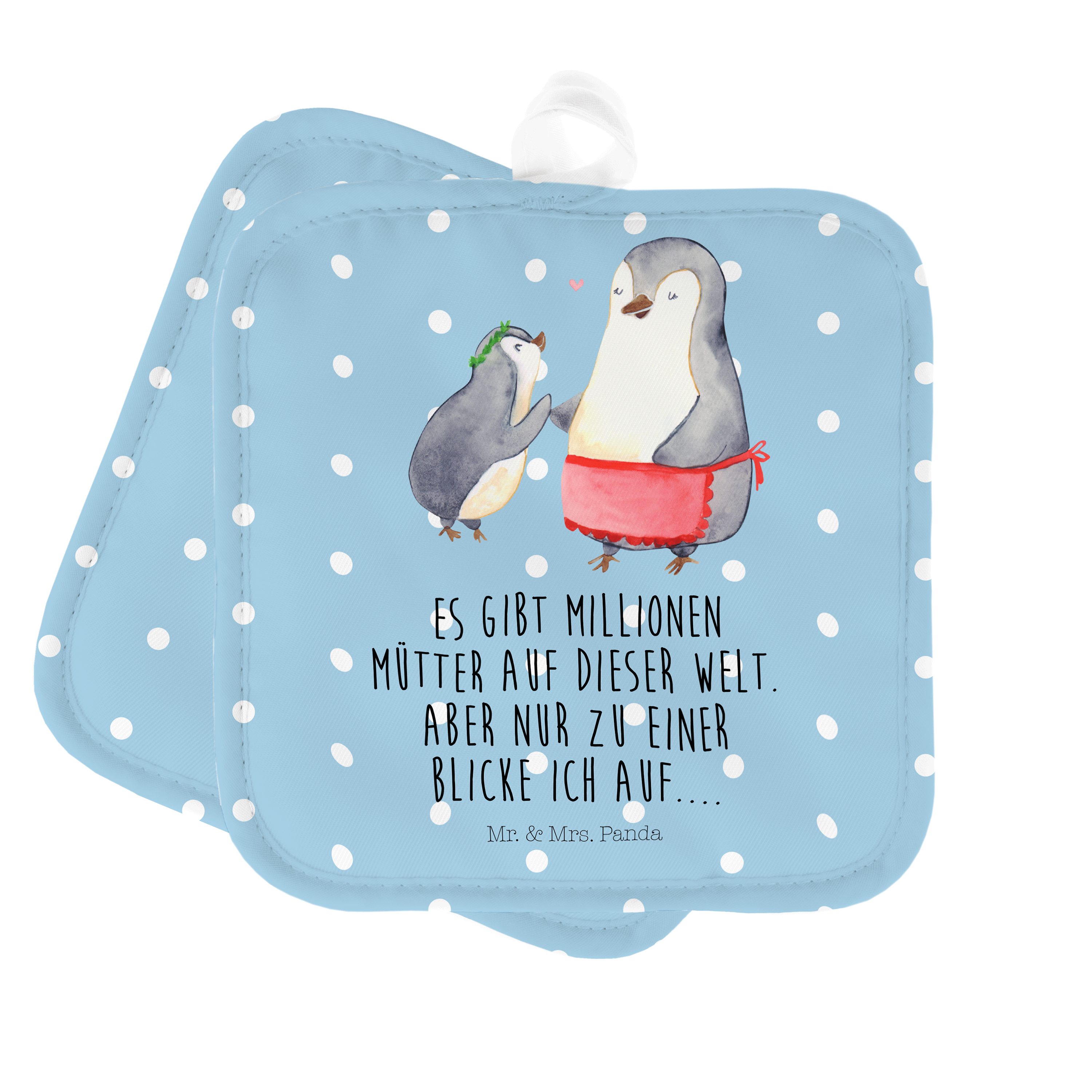 Mr. & Mrs. Panda Topflappen Pinguin mit Kind - Blau Pastell - Geschenk, Topflappen lustig, Geburs, (1-tlg)