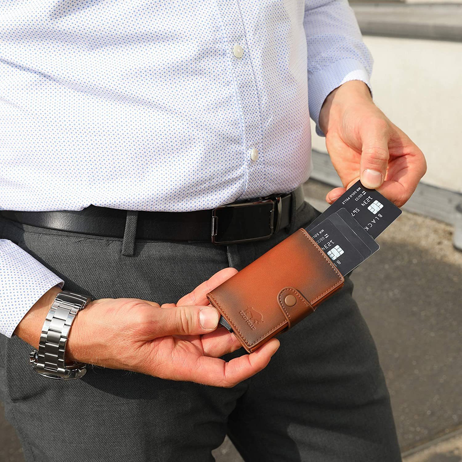 Mini echt Schutz [RFID-Schutz], Geldbörse Karten] Braun Slim Solo Mondo 13 RFID Pelle Europe, Münzfach [bis mit ohne Leder, zu Cognac in Wallet Made