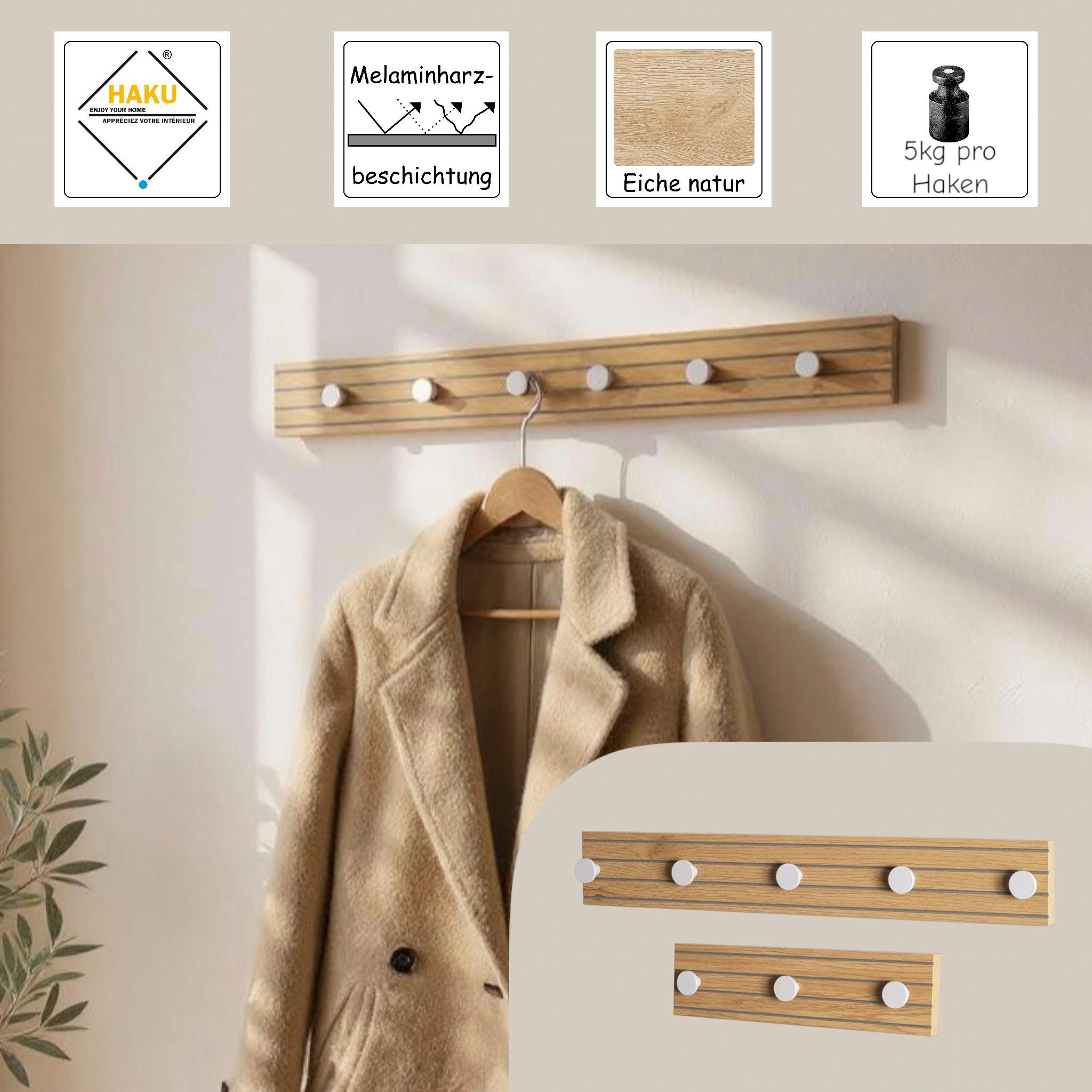 HAKU Wandgarderobe Flurgarderobe, Garderobe, Garderobenhaken, Garderobenleiste, (1 St), rechteckig - aus MDF Braun - B/T/H 80/4/9 cm