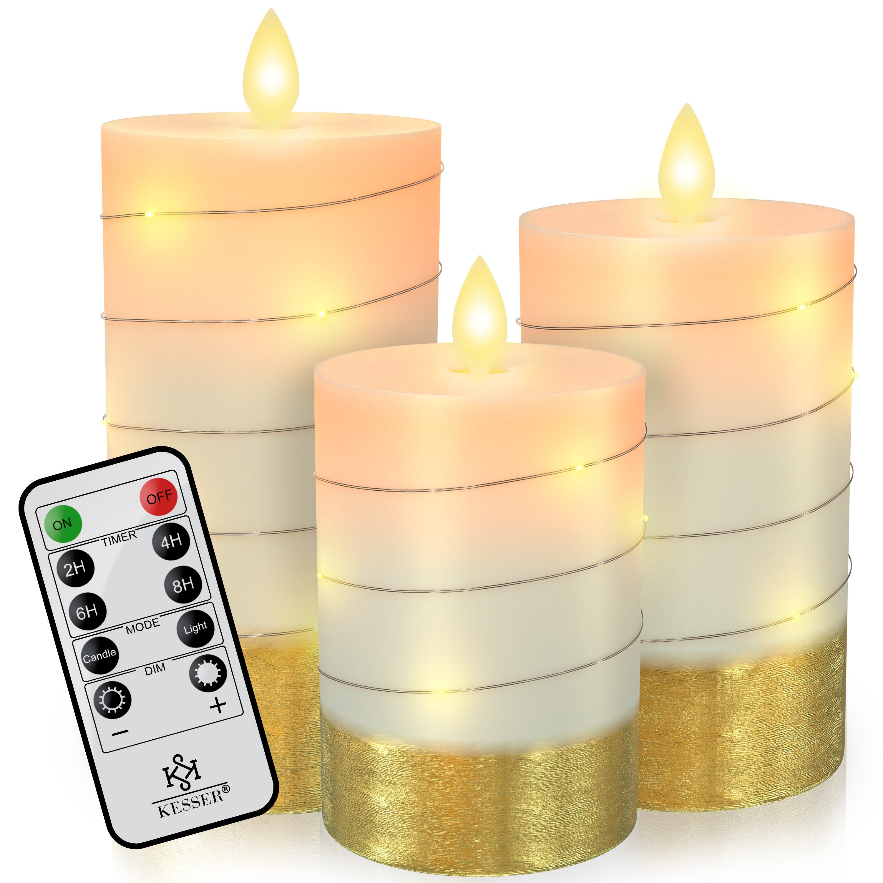 KESSER LED-Kerze, LED Kerzen Set Flammenlose Kerze mit Fernbedienung Timerfunktion Weiß / Modern 3er-Set