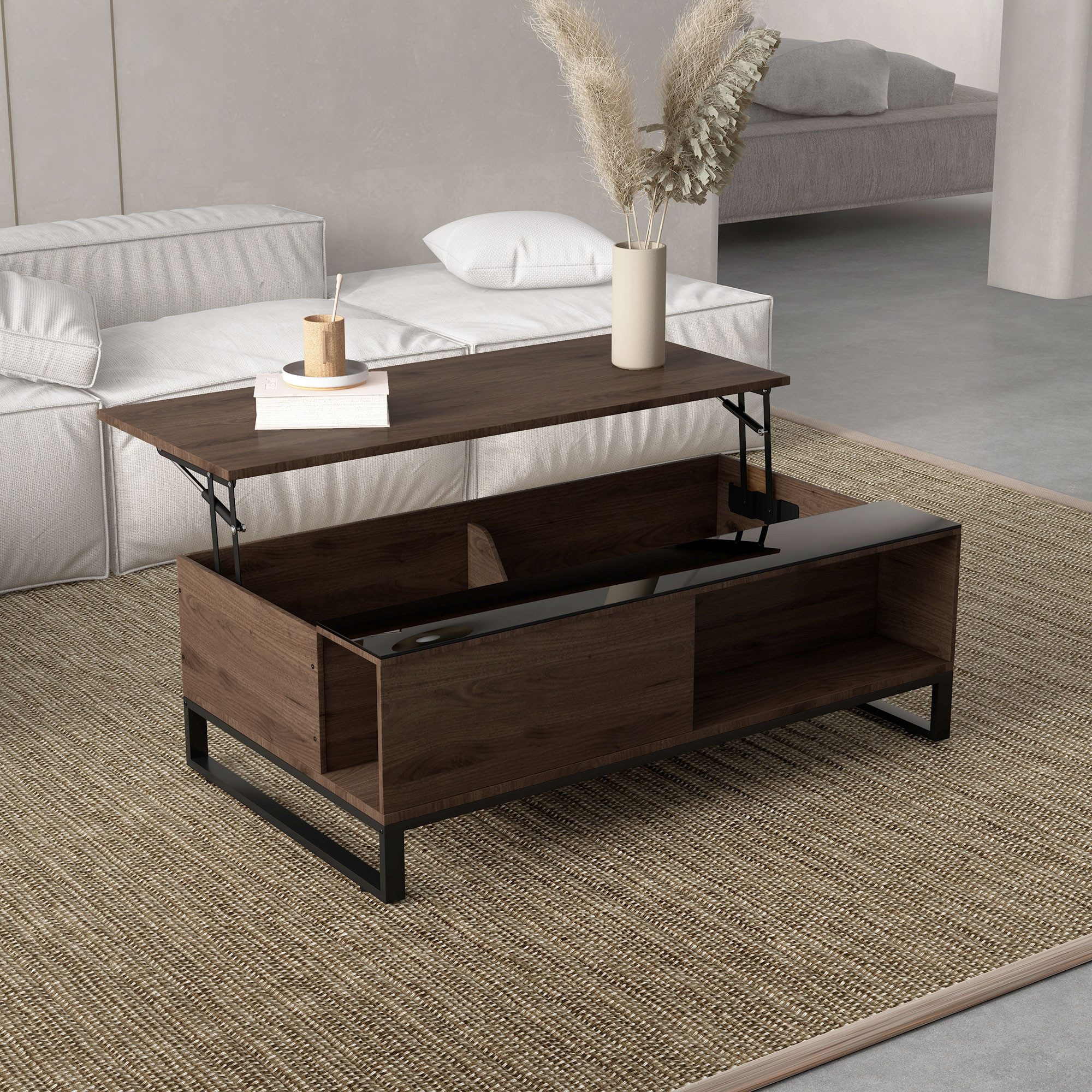 HOMCOM Couchtisch Sofatisch, höhenverstellbare Platte, Stauraum, Wohnzimmer, Büro (Beistelltisch, 1-St., Kaffeetisch), Stahl, Walnuss, Schwarz, 102 x 58 x 35,5 cm
