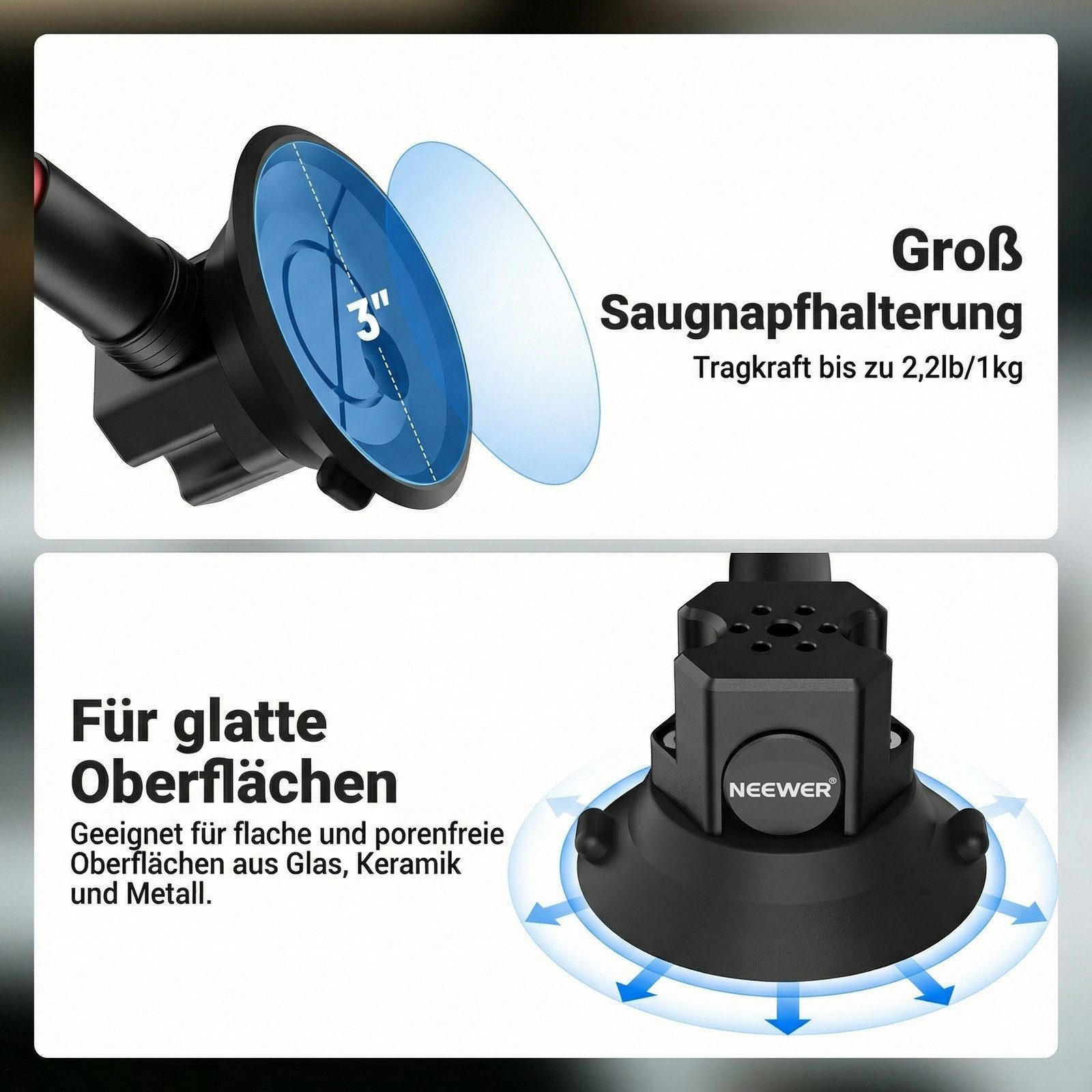 Neewer Action Cam-Halterung CA166 Dreifach Saugnapf Halterung Auto Set, Zwei 60cm langen, (Packung, Verlängerungsstangen aus Aluminiumlegierung NATO Schiene, ma – Bild 4 von 5