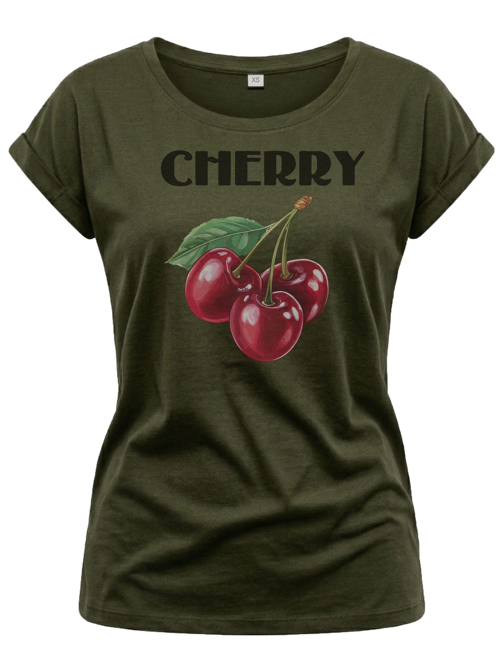 Kurzarmshirt Damen Sommer Shirt mit Aufdruck Kirschen Luftig Elegant Sportlich