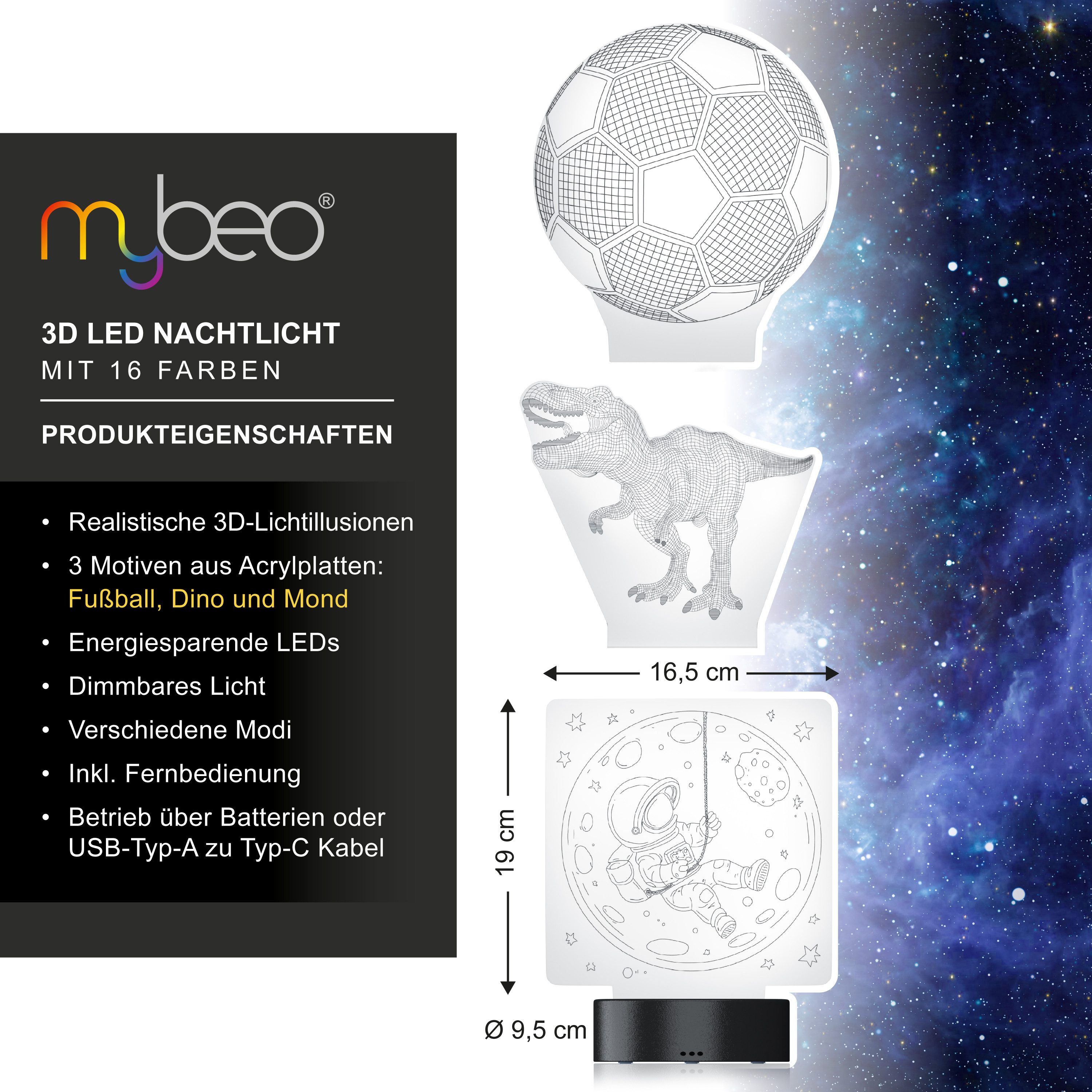 MyBeo LED Nachtlicht 3D Effekt Tischlampe für Kinder, Jungs & Mädchen, Nachtleuchte dimmbar, Dimmfunktion; Farbwechsel; mehrere Helligkeitsstufen; Nachtlichtfunktion, LED fest integriert, Farbwechsler, 3 Motive (Dino, Fußball, Mond), RGB Farbwechsel, Touch, Fernbedienung