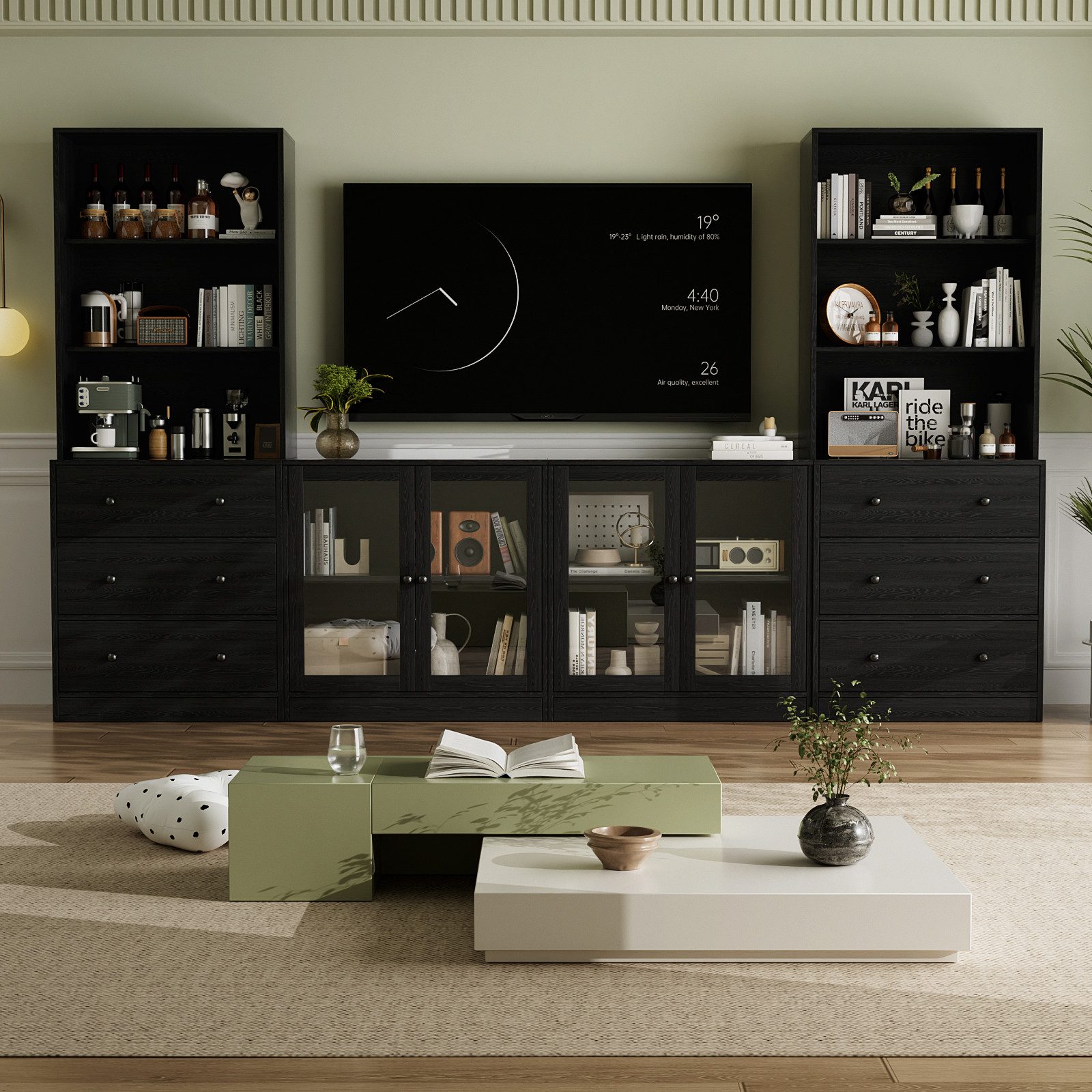 VOWNER TV-Schrank mit Bücherregalen für Fernseher bis zu 70 Zoll, 280 cm TV-Ständer (4-St) Wohnzimmer-Fernsehschrank mit gehärteten Glastüren und Einlegeböden
