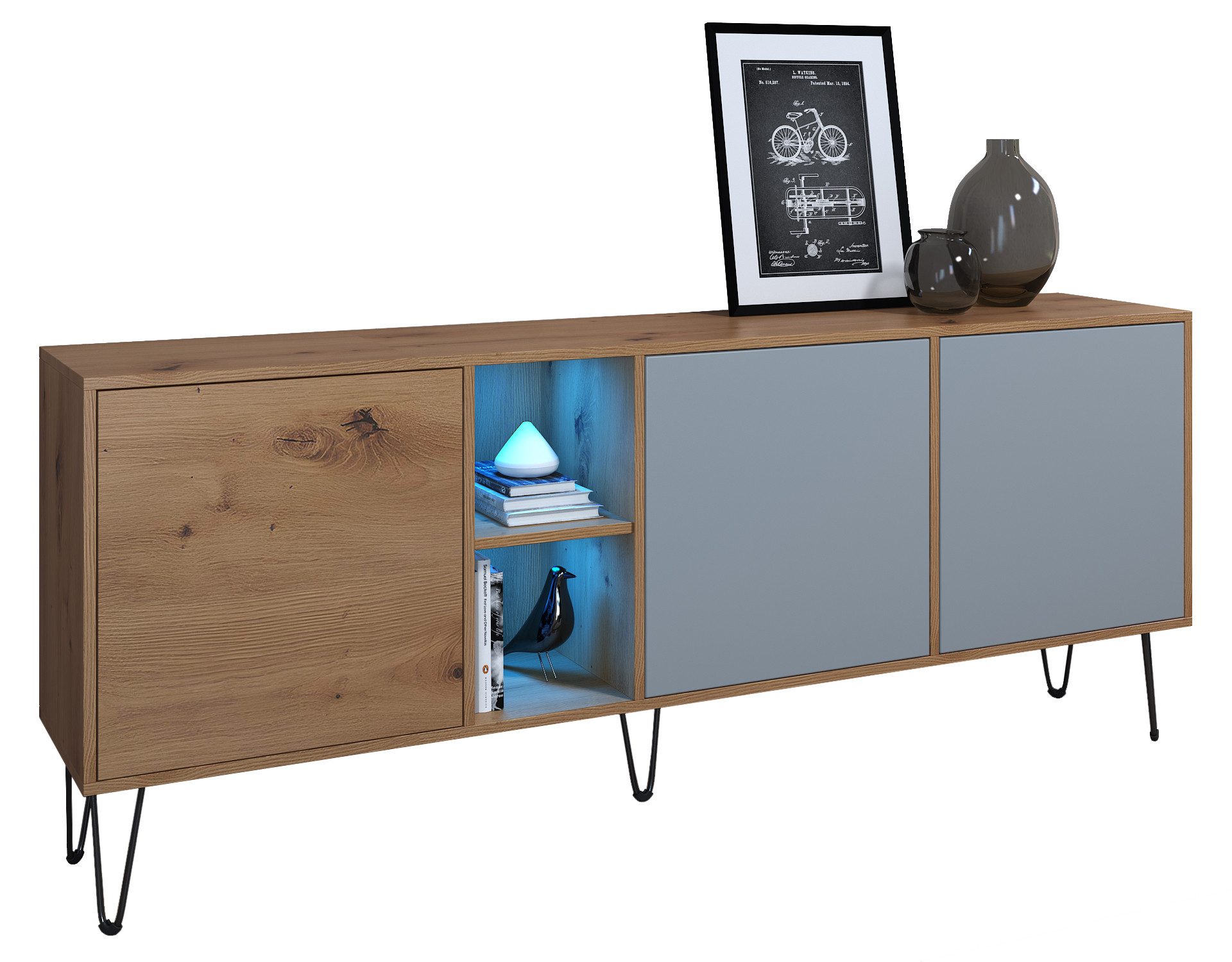Vladon Sideboard Havana (TV-Schrank mit 3 Türen und 2 offene Fächer, Kommode Made in Germany), Eiche Evoke / Denim matt (181,5 x 73 x 35 cm)