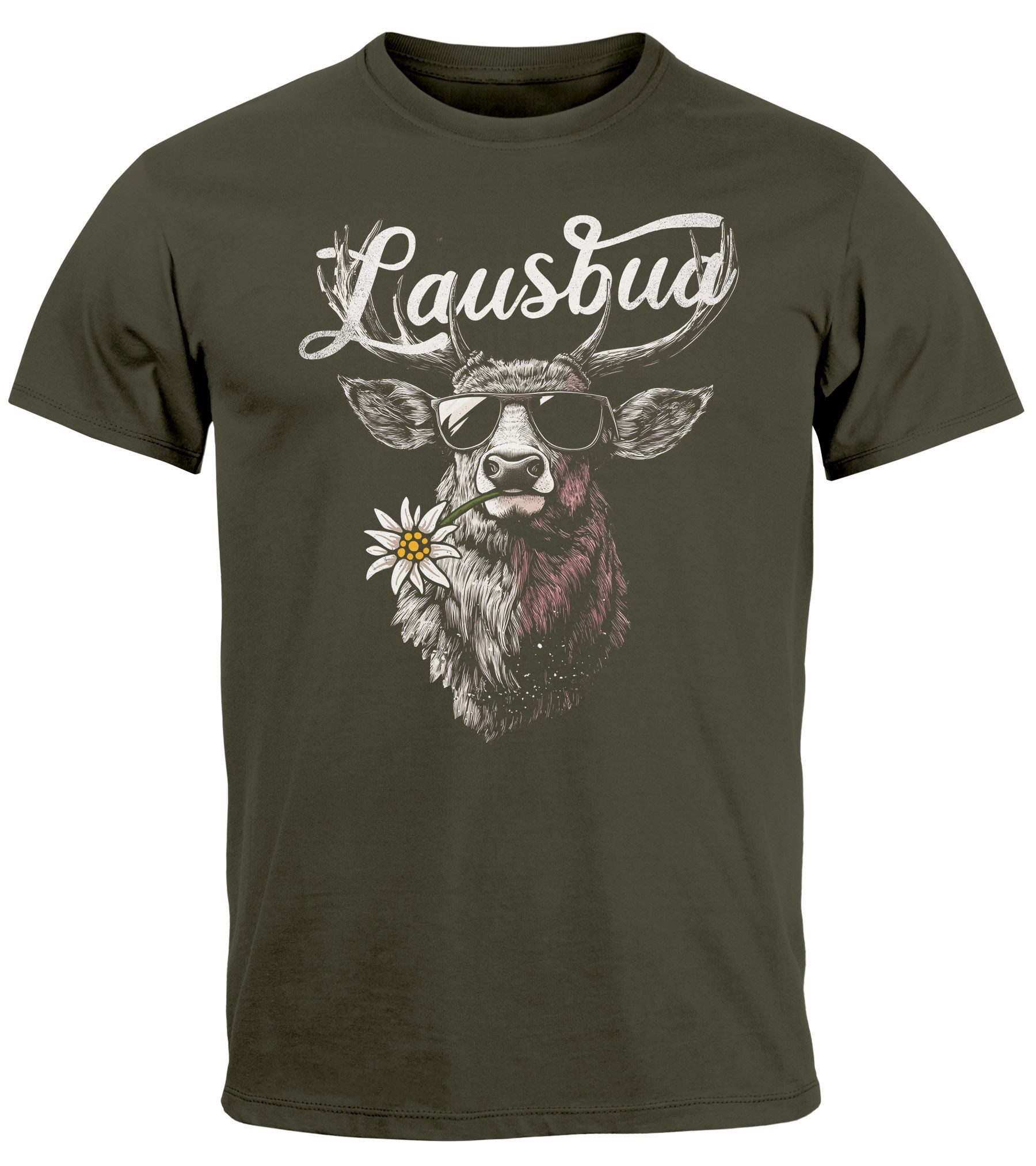 Print-Shirt Herren T-Shirt Trachtenshirt Hisch Alpen Edelweiß Schriftzug Lausbua