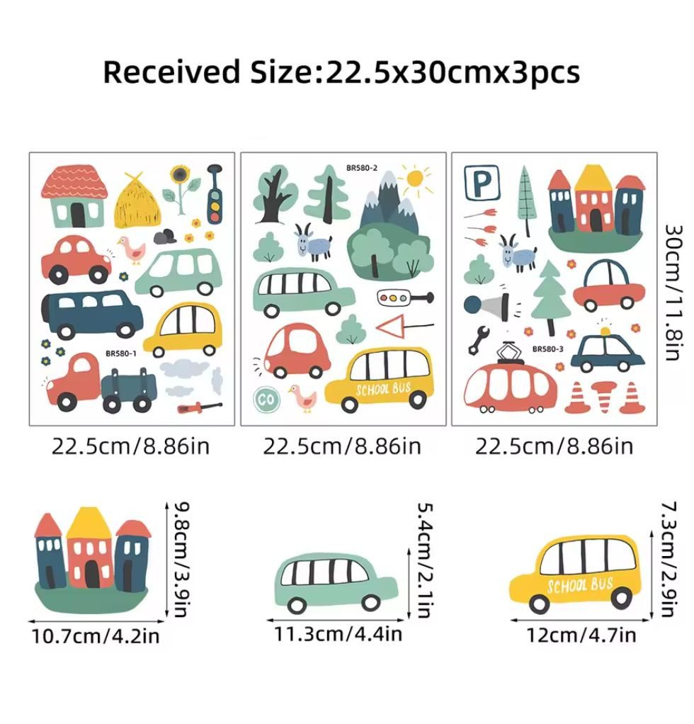 Montegoni Aufkleber 3-teiliges Wandsticker Set mit Auto, Häusern & Bäumen für Kinderzimmer, (set), wasserfest, entfernbar, Rückstandslos, Umweltfreundliches