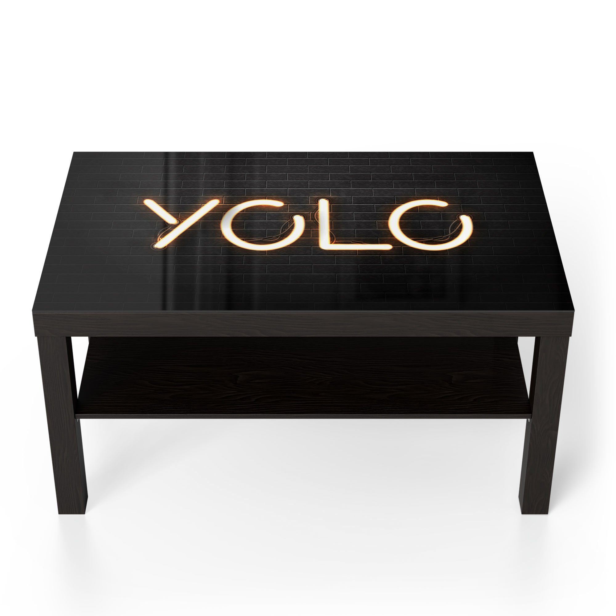 DEQORI Couchtisch 'Leuchtbuchstaben YOLO', Glas Beistelltisch Glastisch modern Schwarz