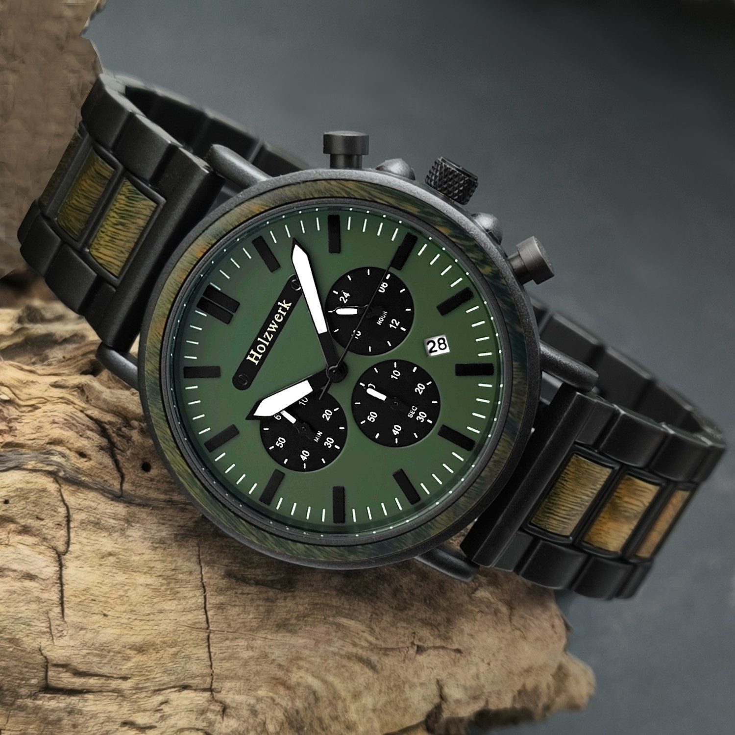 Holzwerk Chronograph HERSBRUCK Herren Edelstahl & Holz Armband Uhr in grau, oliv grün HERSBRUCK
