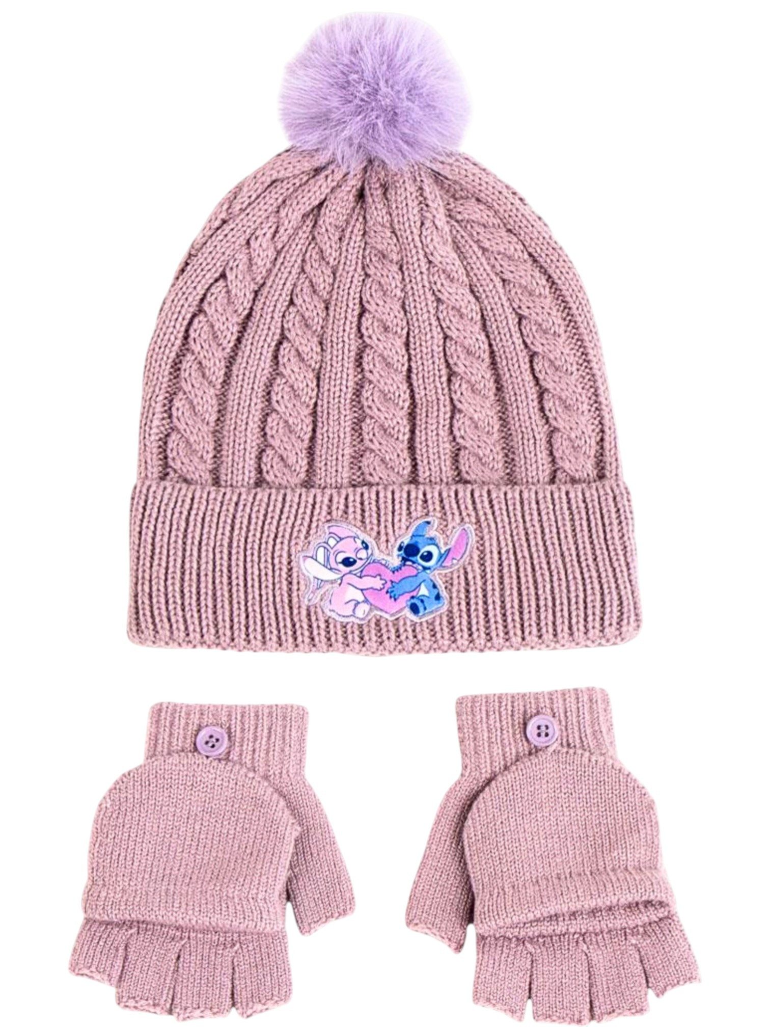 Cerdá Bommelmütze Disney Stitch & Angel (2-St) Mädchen Winter-Set Mütze & Handschuhe Einheitsgröße