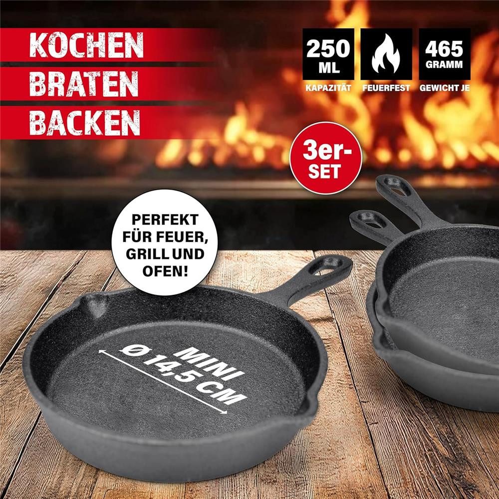 BBQ Boss Pfannen-Set Gusseisen Pfännchen 3er Set Gusseisenpfanne Grill Pfannen Ø14,5cm, (3-tlg), Geeignet für Induktion, Gas-, Elektrofelder sowie Grill und Backofen