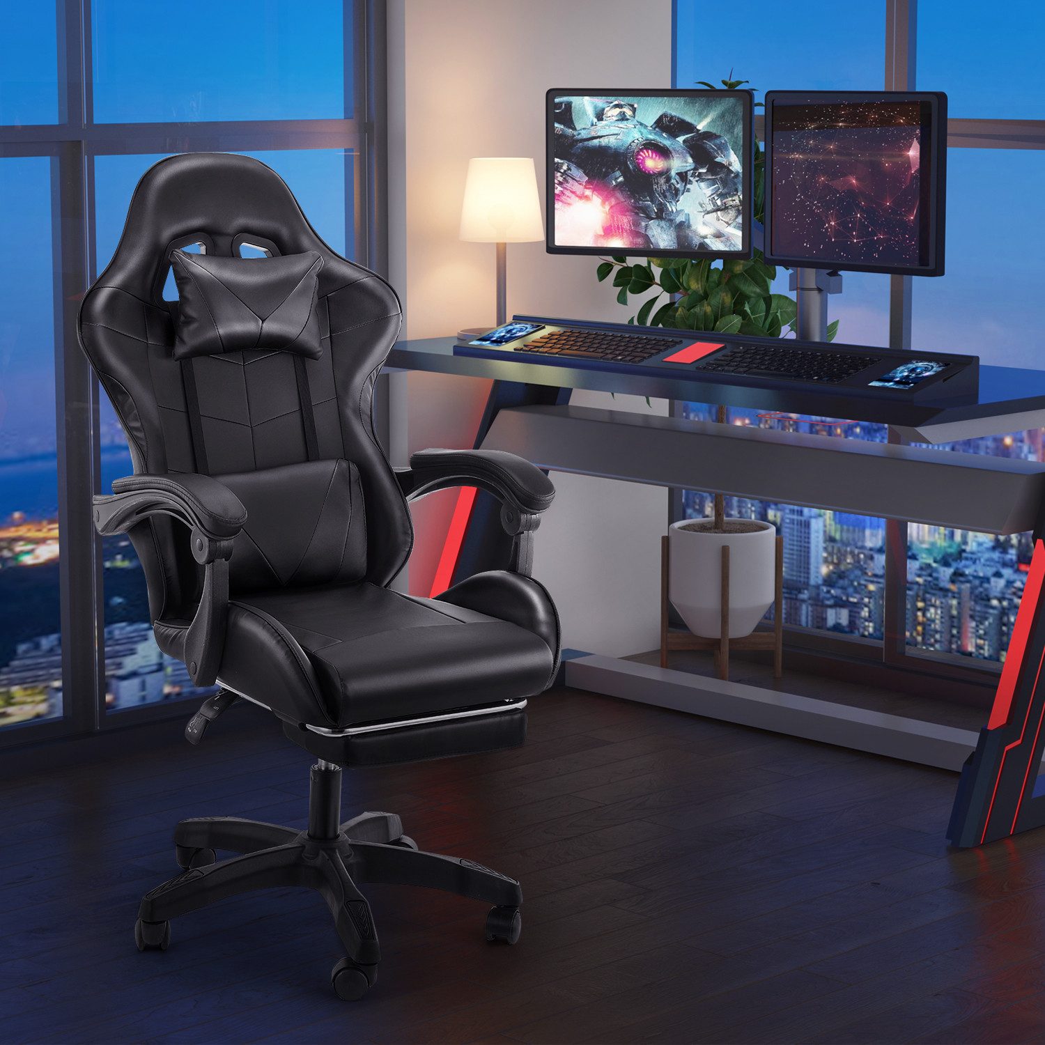 WILGOON Gaming Chair Bürostuhl Gaming Stuhl Gaming Sessel Ergonomischer mit Fußstütze, Verstellbare Kopfstütze Lendenkissen, Gamer-Stuhl für Erwachsene