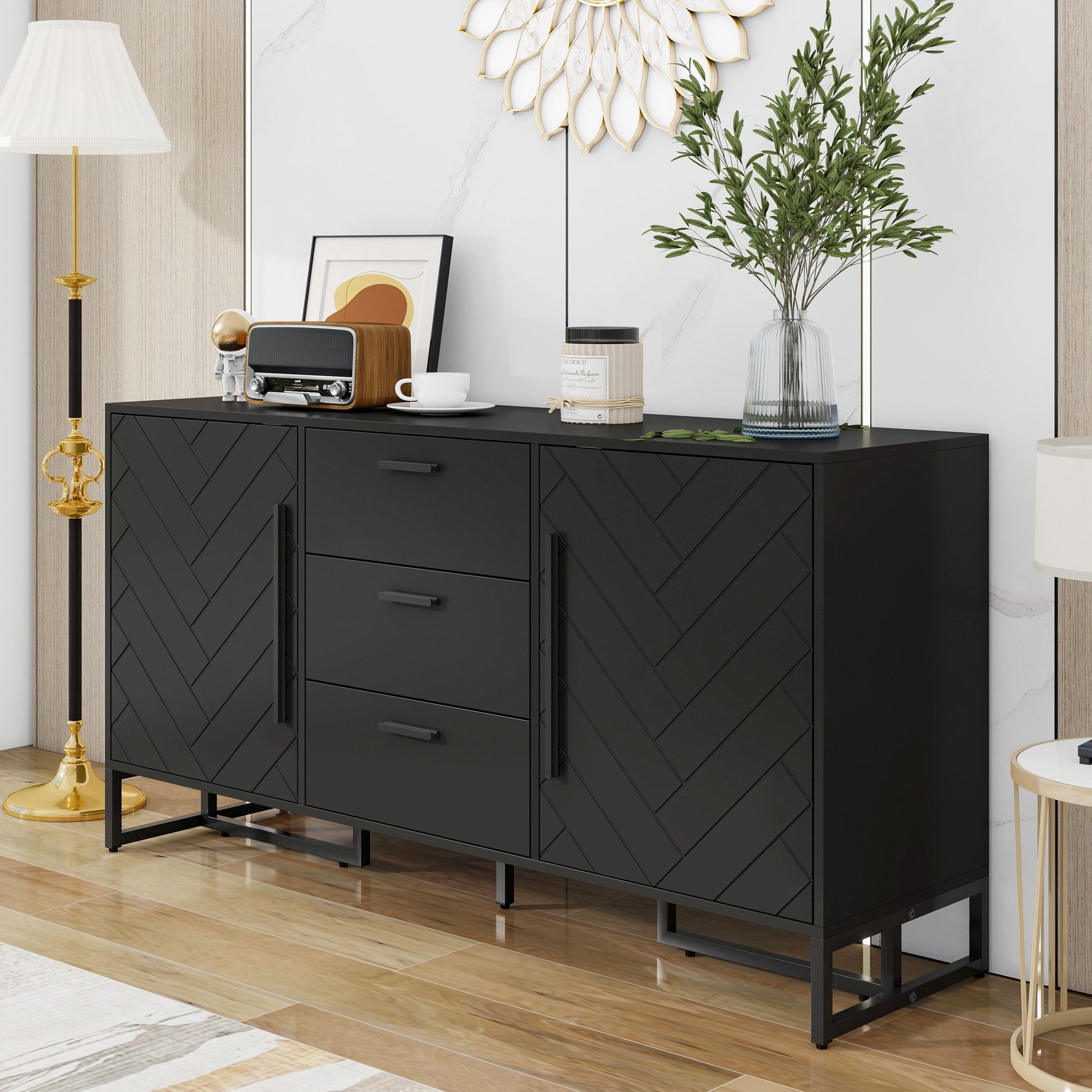 STILVORA Sideboard mit Schublade,Aufwahrungsschrank Beistellschrank mit Fischgrätenmuster (Schwarzes Sideboard mit Fischgrätenmuster – 2 Türen & 3 Schubladen für Esszimmer, Küche & Wohnzimmer – Elegantes Design, Vielseitige Aufbewahrungslösungen)