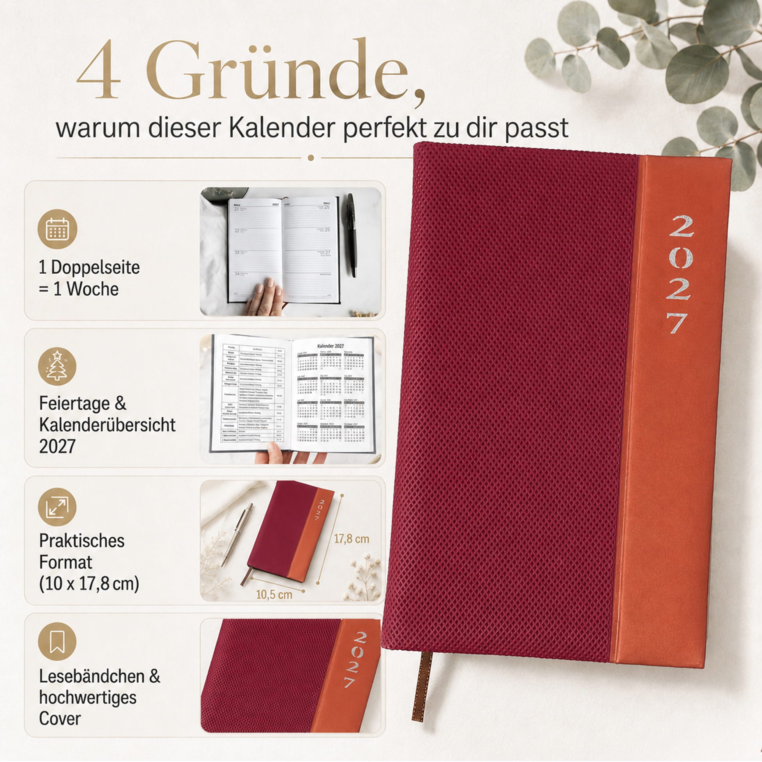 AMLI Taschenkalender Taschenkalender 2027 A6 Lang 1 Woche 2 Seiten Softtouch Bordeaux-Rot, A6 Lang 10,5x17,8 cm, Softtouch, Leseband, Ferien & Feiertage – Bild 2 von 5