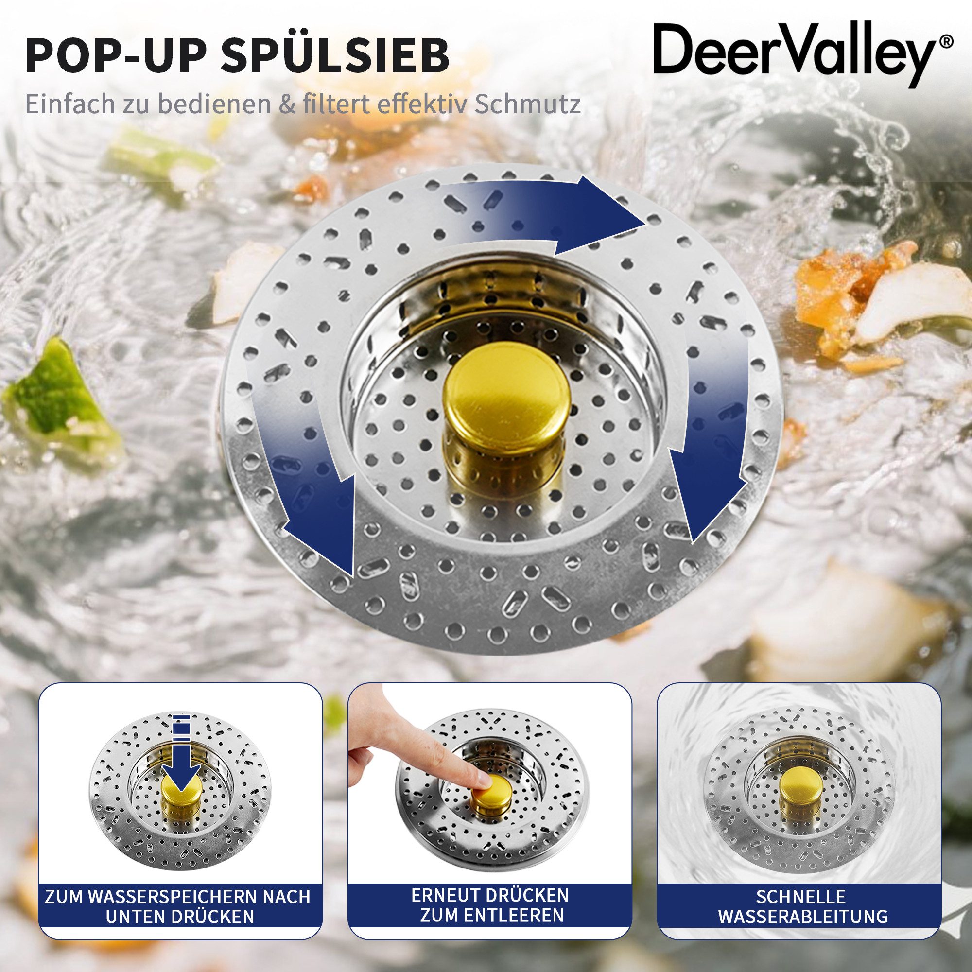DeerValley Edelstahlspüle DeerValley Spülbecken Schwarz Küchenspüle aus Edelstahl, Nano-Beschichtung, Pop-up-Ablauf, 3 vorgebohrte Löcher, hinterer Ablauf, X-Ab – Bild 4 von 5