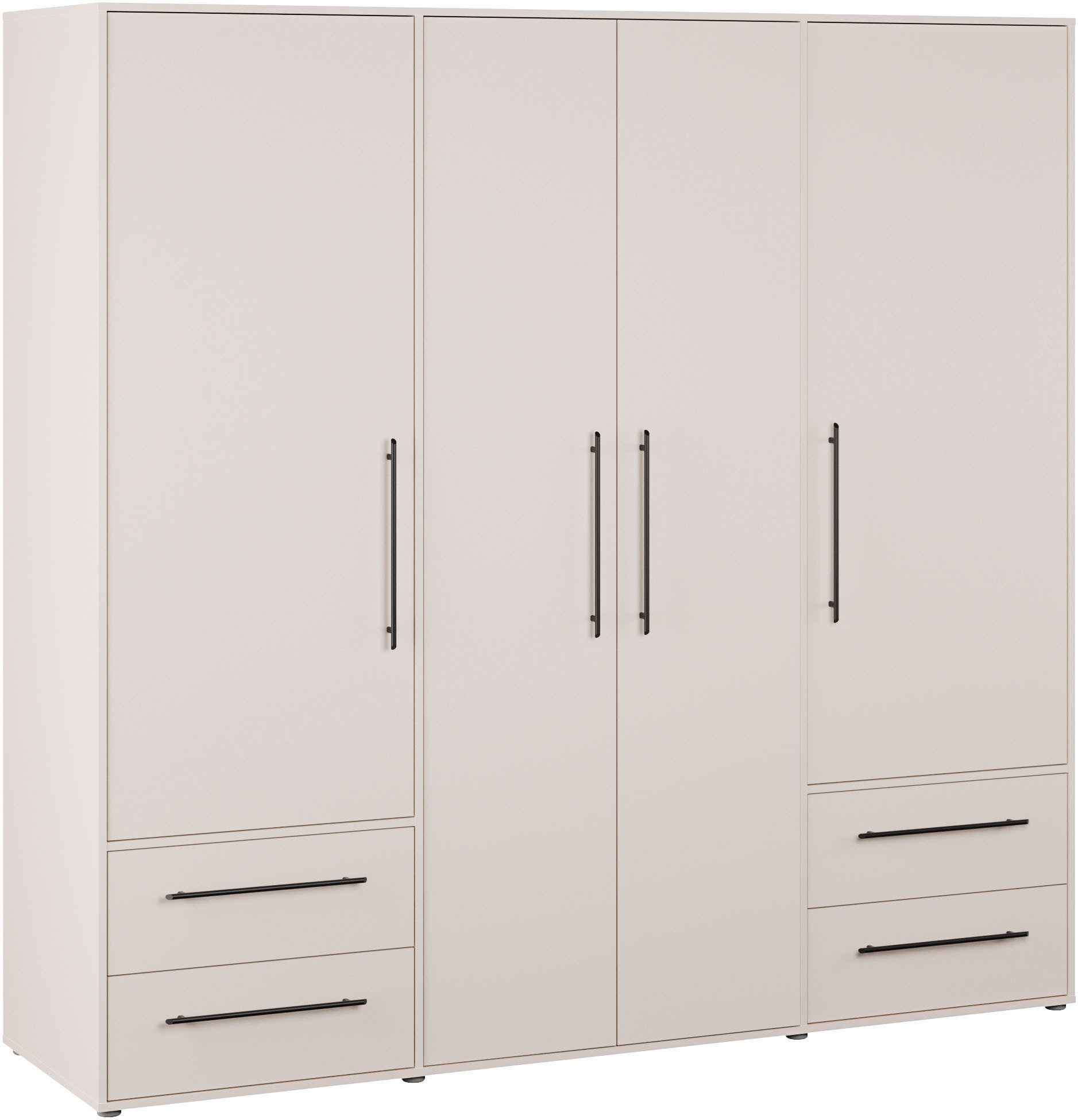 FORTE Kleiderschrank Mokkaris, Garderobe, zeitloses Design, 4 Türen, Made in Europe (B/H/T ca. 206x200x59cm) 4 Schubladen + schwarze Stangengriffe, Made in Europe, viel Stauraum