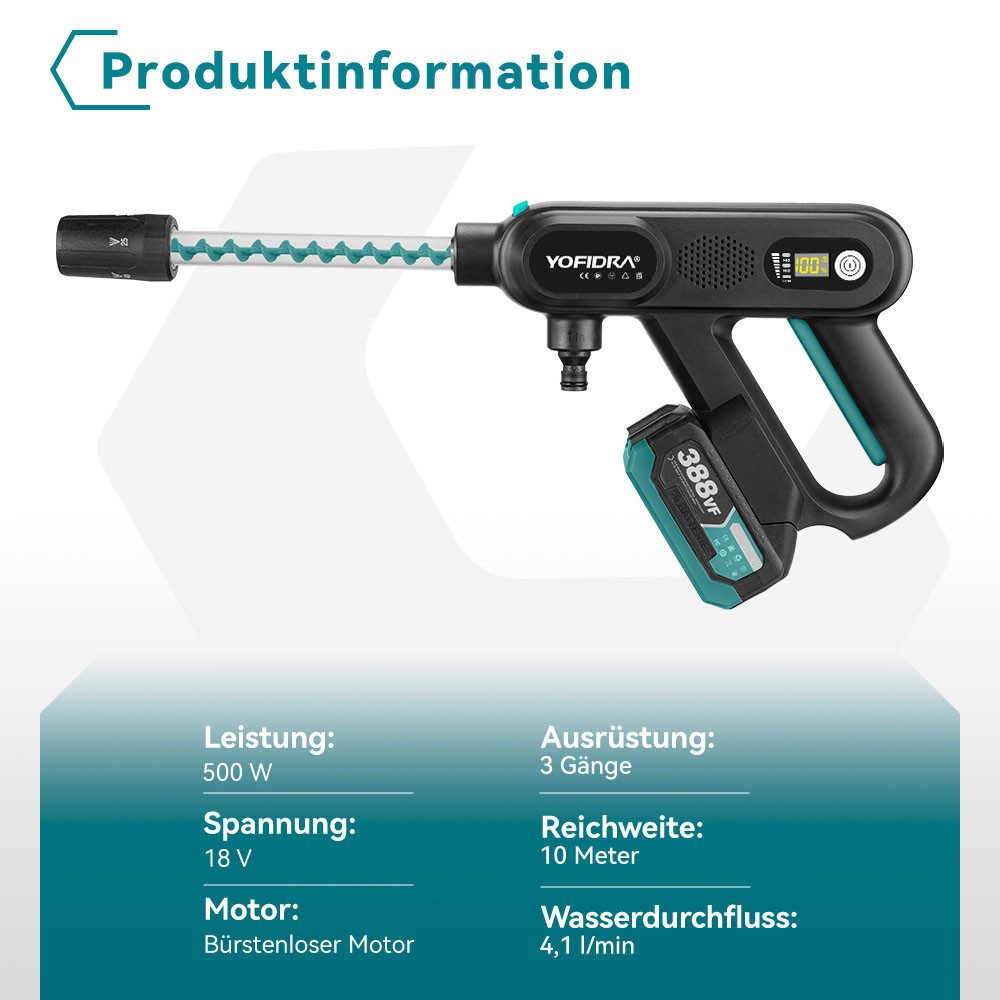 Yofidra Akku-Hochdruckreiniger Mobiler Hochdruck Wasserpistole mit 2 Akkus, für Autos, Terrasse, Druck max: 60 bar, 500 W, Fördermenge max: 246 l/h, 5-in-1-Multifunktionsdüse, 5M Schlauch, Filterkessel