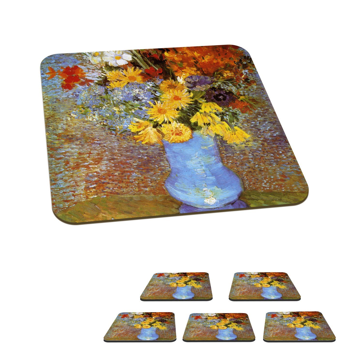 MuchoWow Glasuntersetzer Vase mit Gänseblümchen und Anemonen - Vincent van Gogh, Zubehör für Gläser, 6-tlg., Glasuntersetzer, Tischuntersetzer, Korkuntersetzer, Untersetzer, Tasse
