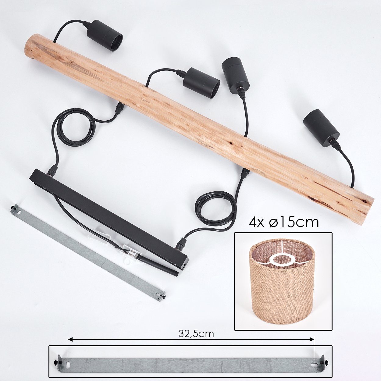 hofstein Pendelleuchte moderne Hängelampe aus Holz/Metall/Leinen in Natur/Schwarz/Beige, ohne Leuchtmittel, Hängeleuchte im skandinavischen Design, 4xE27, ohne  – Bild 5 von 5