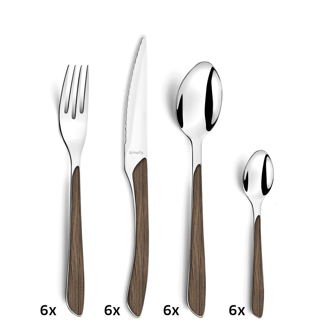 Amefa Besteck-Set ECLAT NATURE (24-tlg), 6 Personen, Edelstahl 18/0, Griff in Holzoptik dunkelbraun