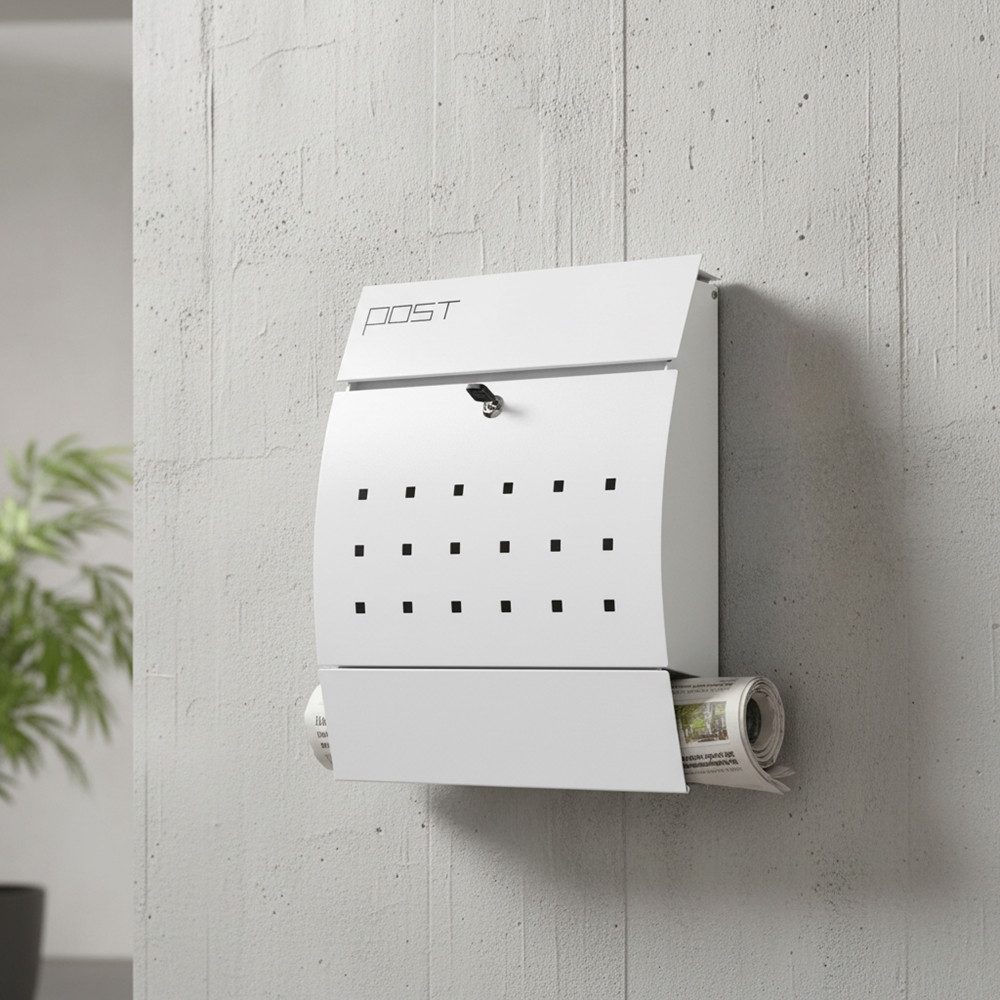 Melko Briefkasten Wandbriefkasten Briefkasten Halbrund mit Zeitungsrolle in Weiß (Stück), Leises Öffnen und Schließen dank Gumminoppen an der Einwurfklappe