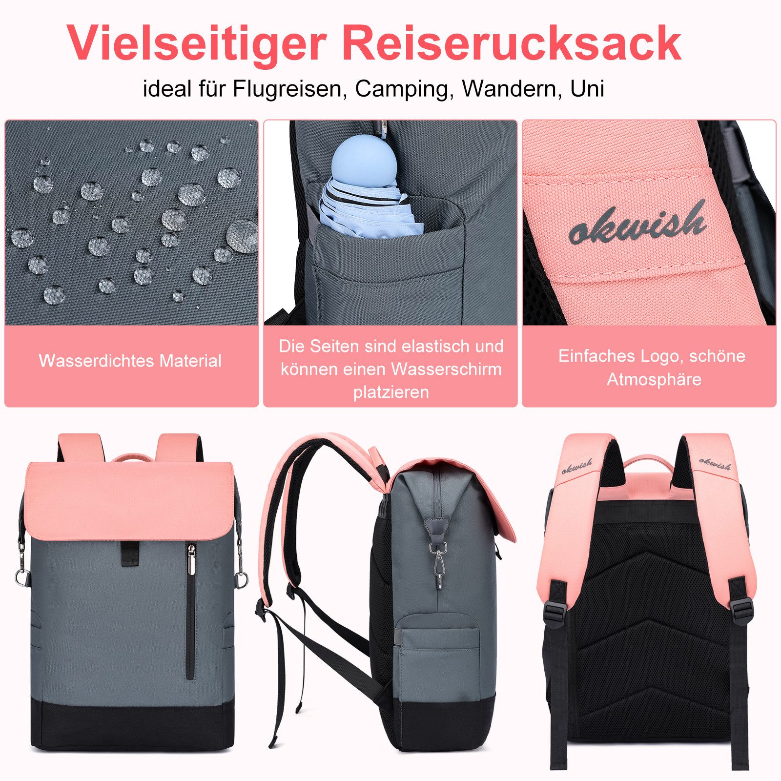 OKWISH Laptoprucksack Handtasche Freizeitrucksack Cityrucksack mit Laptopfach (Laptop Notebook Tasche Schule Uni Rucksack, 1-tlg., Laptop für 13 Zoll, Wasserabweisender, Unisex Reiserucksack), fur Herren Damen Jungen Teenager Freizeit Arbeit Business Reisen