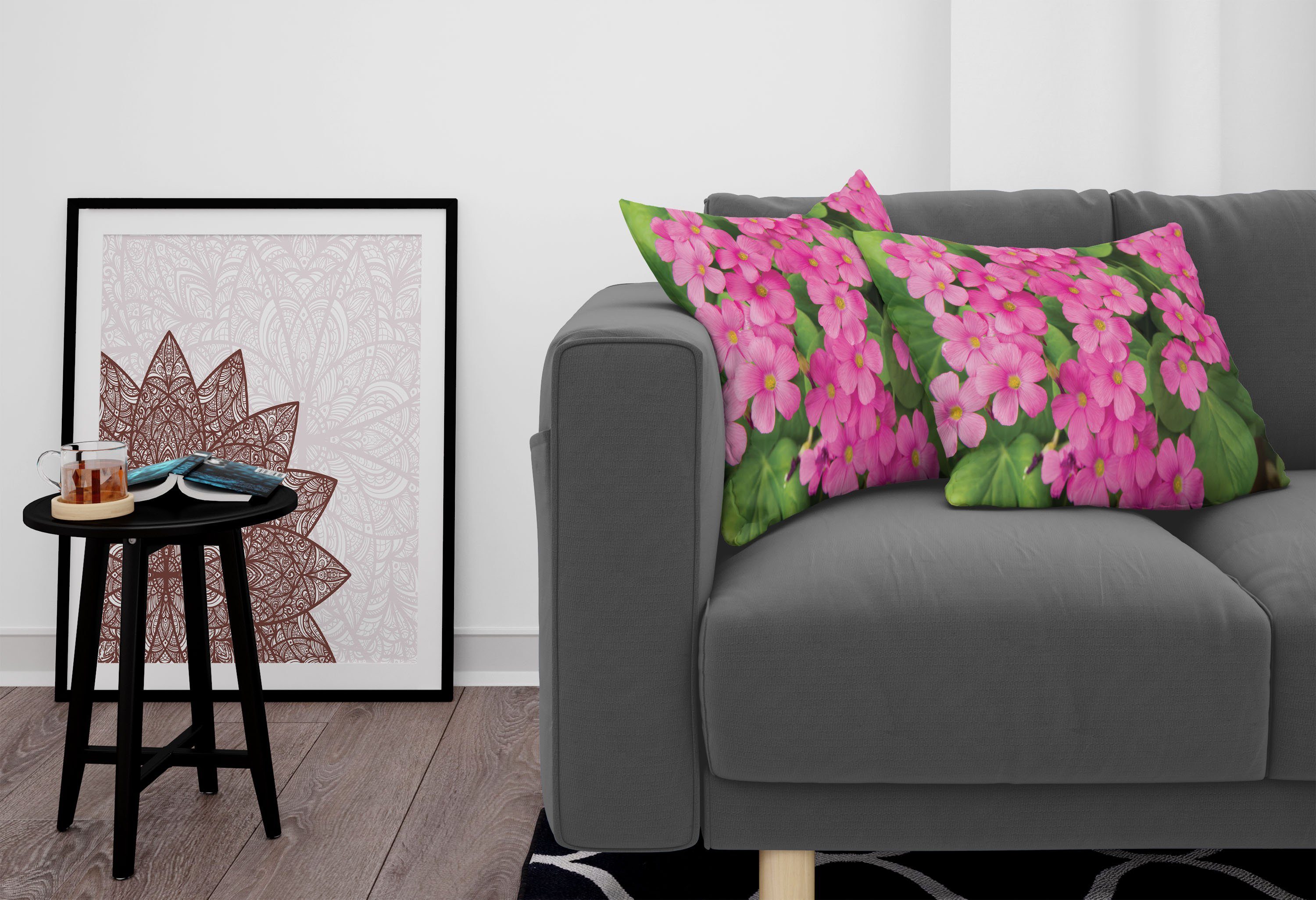 Blumen und Accent Blätter (2 Abakuhaus Doppelseitiger Modern Kissenbezüge Digitaldruck, Pelargonien Stück), Pinkish