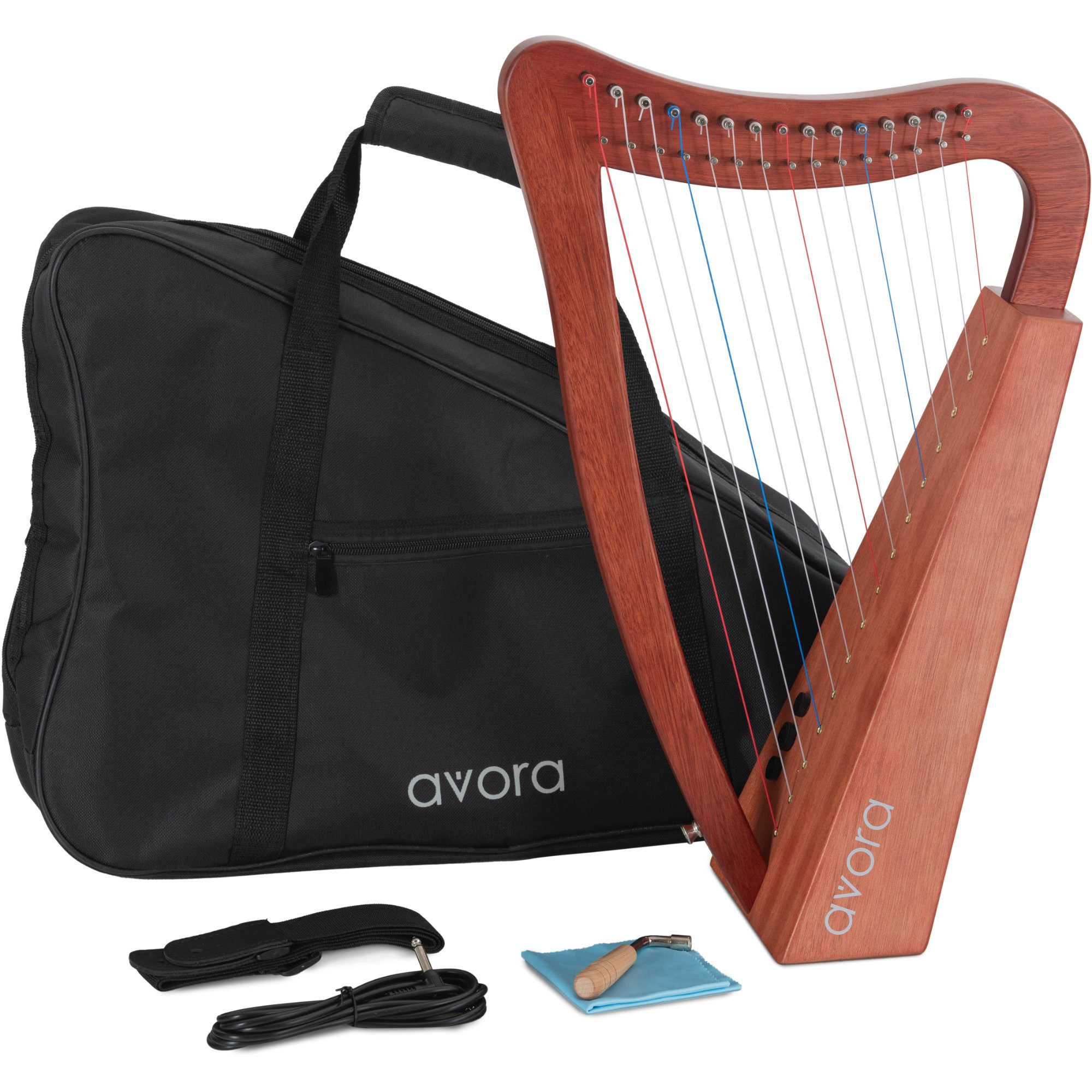 avora Konzertgitarre Keltische Harfe 15 Saiten Mahogany mit EQ -, Inkl. Tasche, Kabel, Gurt und Stimmschlüssel, Diatonische Stimmung in C-Dur, Integrierter EQ für flexiblen Sound