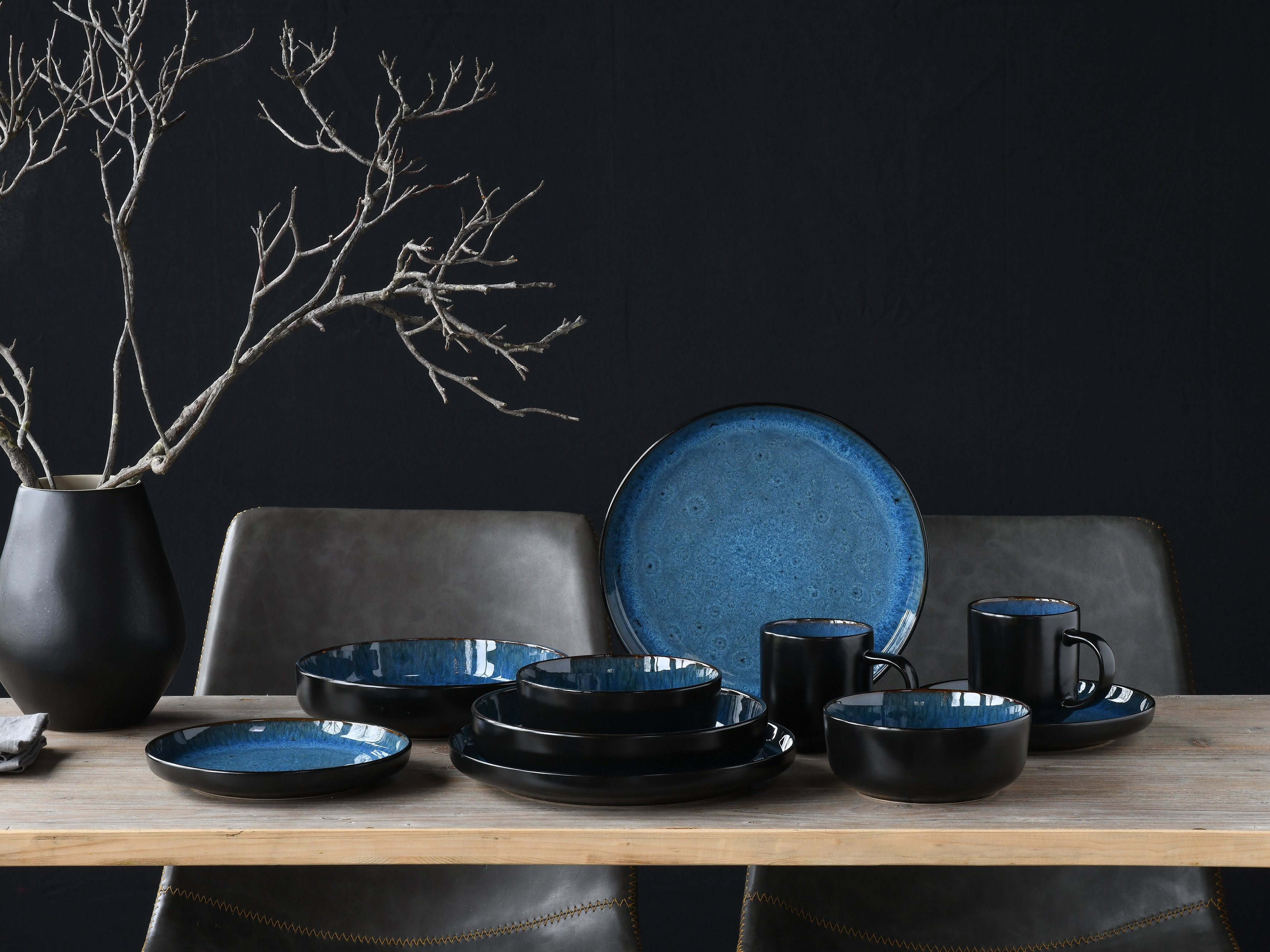 CreaTable Kombiservice Nordic Fjord (10-tlg), 2 Personen, Steinzeug, je 2 Speiseteller, Suppenteller, Dessertteller, Schalen, Kaffeebecher