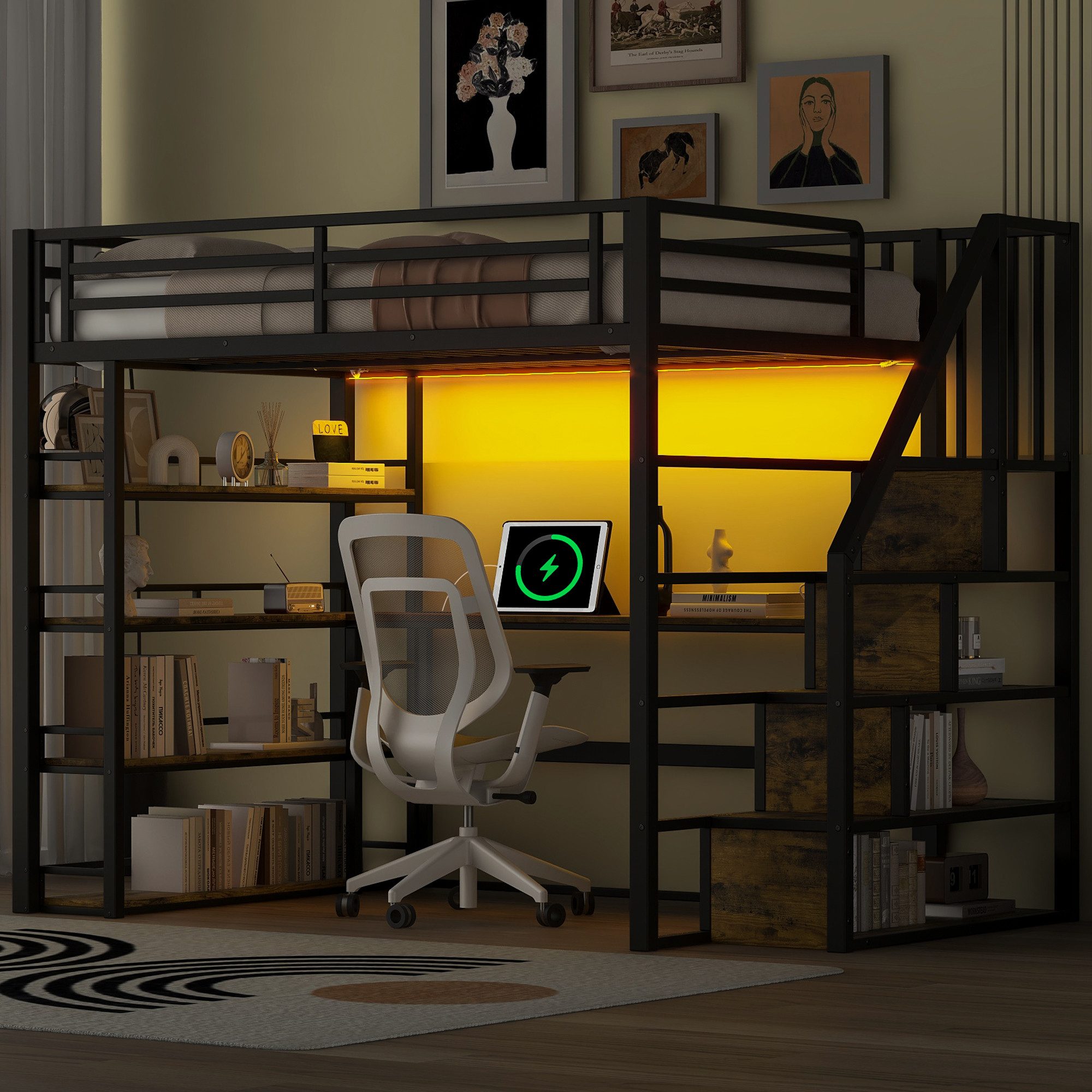 Flieks Loft Bed LED Metal Bed 140x200cm with Storage Staircase, Desk and Charging