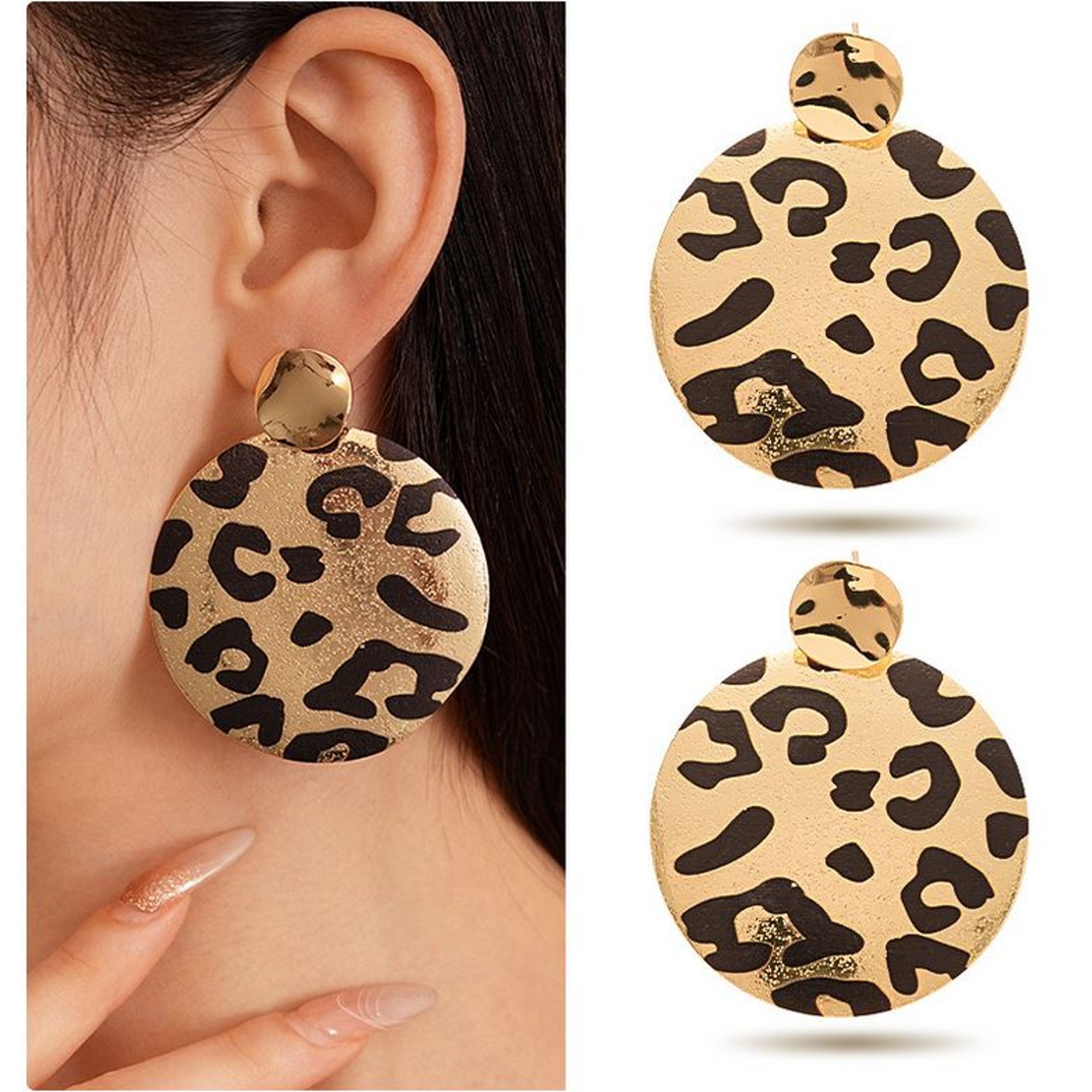 KARMA Ohrhänger-Set Statement Ohrringe Damen Leopardenmuster (Ohrschmuck Damen, 2-tlg., Statement-Look in Gold und Animal Print), Goldfarben (5 cm)