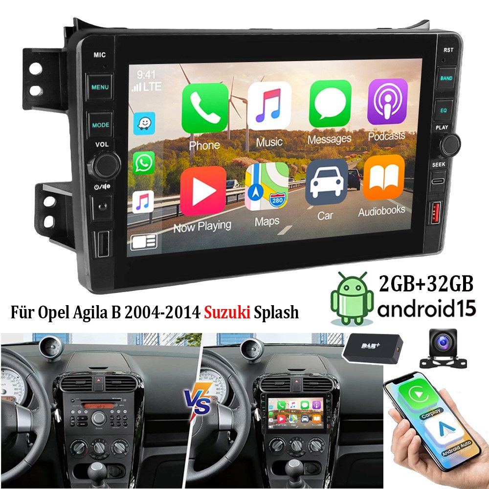 ESSGOO Für Opel Agila B 04-14 Suzuki Splash Autoradio Android 15 Autoradio (RDS, 4+64GB(optional), Digitalradio (DAB), FM, BT 4.1, SWC, Carplay Android Auto Bluetooth EQ USB GPS Navi WIFI Touchscreen)