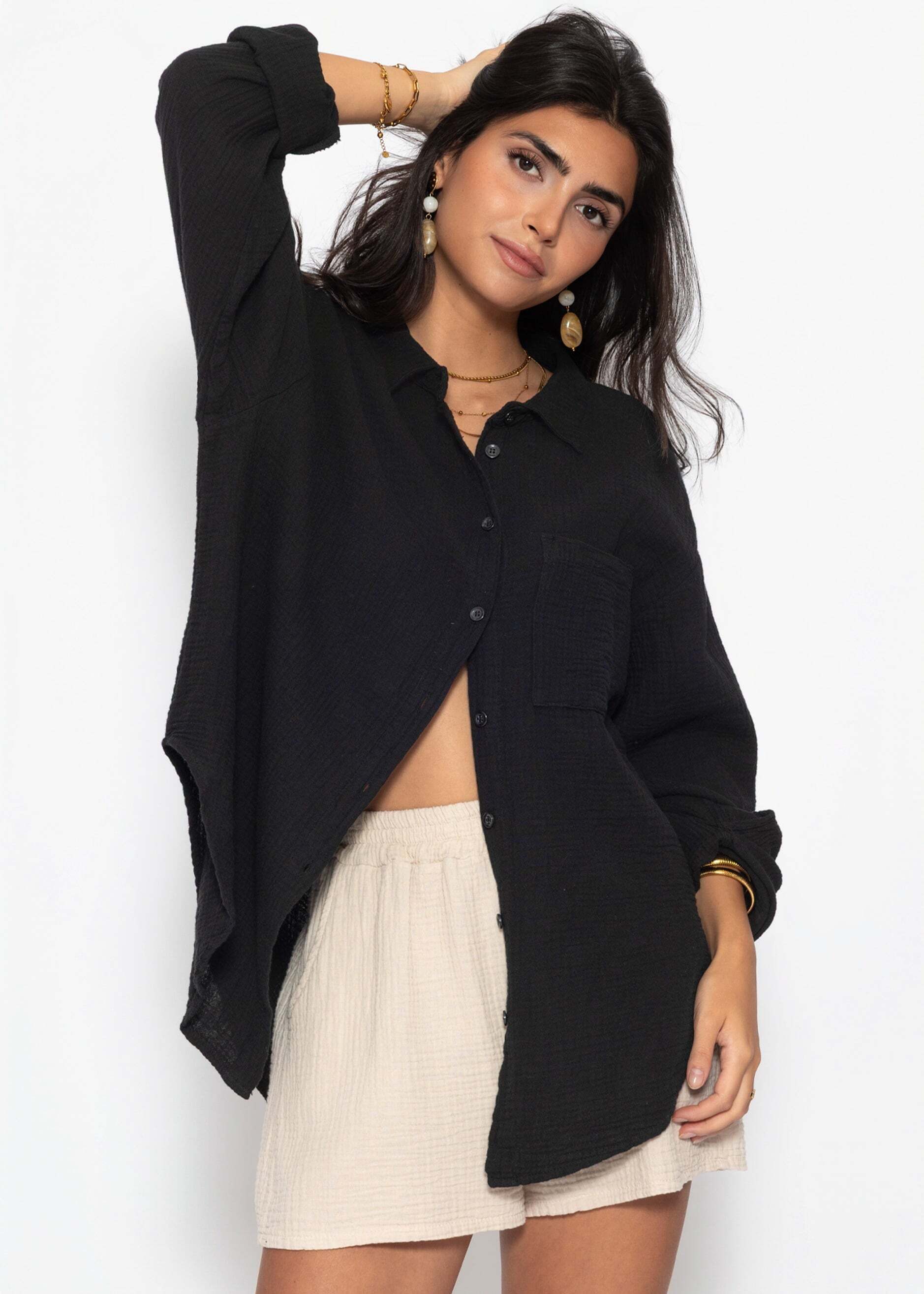 SASSYCLASSY Langarmbluse Musselin Hemdbluse für Damen Weiche Bluse in lockerer Passform mit Kragen und Brusttasche – Bild 4 von 5