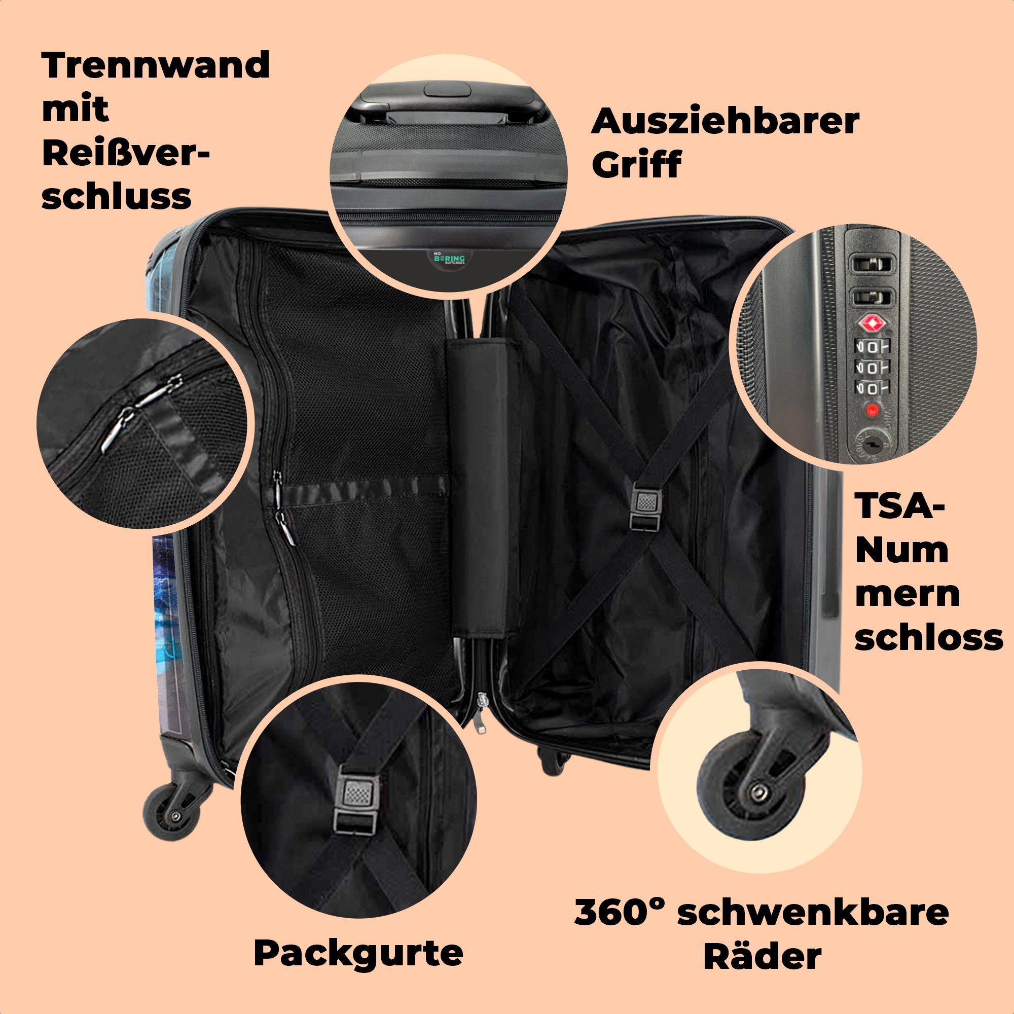 Reisekoffer NoBoringSuitcases.com© Abstrakt mit - - 4 Rollen, Rollen 4 Blau Farbe, Rollkoffer 67x43x25cm - Große Trolley - Aufgabegepäck Koffer Grau