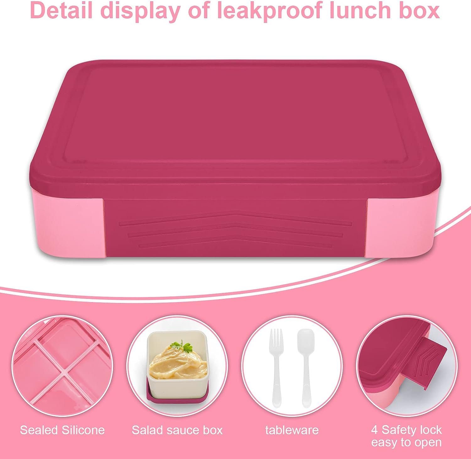 Auslaufsicher Haiaveng Lunchbox Bento mit Fächern, Kinder Kinder, Lunchbox Kinder, Jausenbox pink Box, Vesperdose Brotdose 1300ml