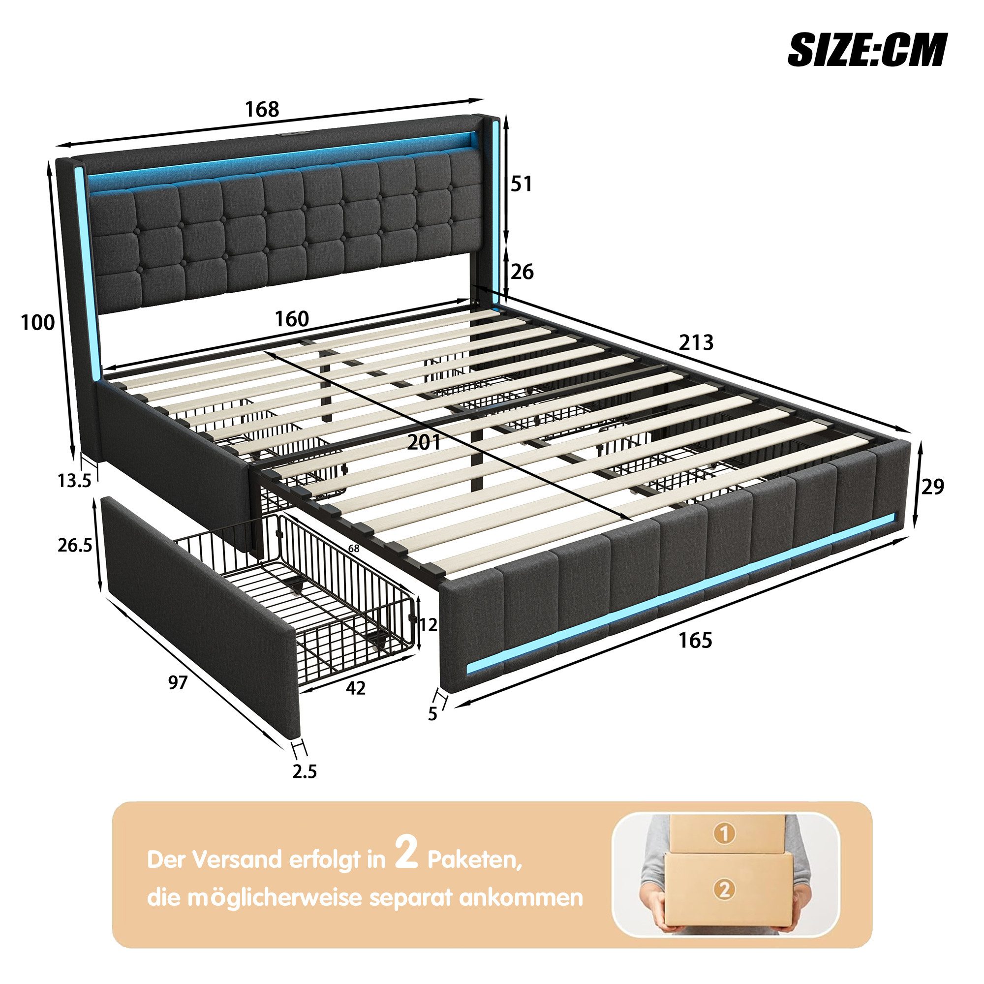 Simurq Polsterbett Stauraumbett Doppelbett mit LED Beleuchtung und Ladefunktion (Mit Komforthöhe Lattenrost, Leises Design Bett), Jugendbett 4 Schubladen Staura – Bild 5 von 5