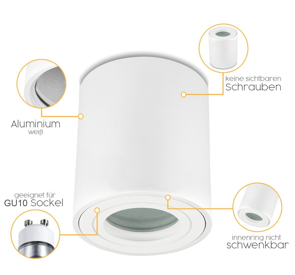 Sweet LED Aufbauleuchte 4 stück Bad GU10 Aluminium weiß spots IP44 badezimmer, ohne Leuchtmittel, Aufbaustrahler LED, Aufbauspot, Deckenstrahler