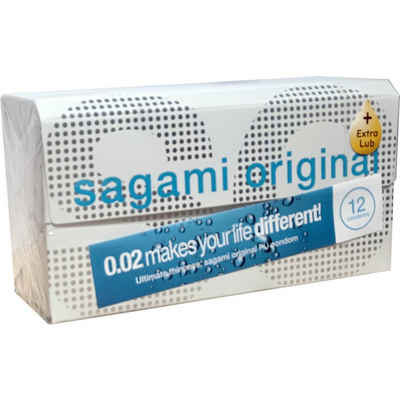 Sagami Kondome Original 0.02 Extra Lubricated - für Latex-Allergiker geeignet, Packung mit, 12 St., latexfreie Kondome, extra feuchte, ultradünne japanische Kondome