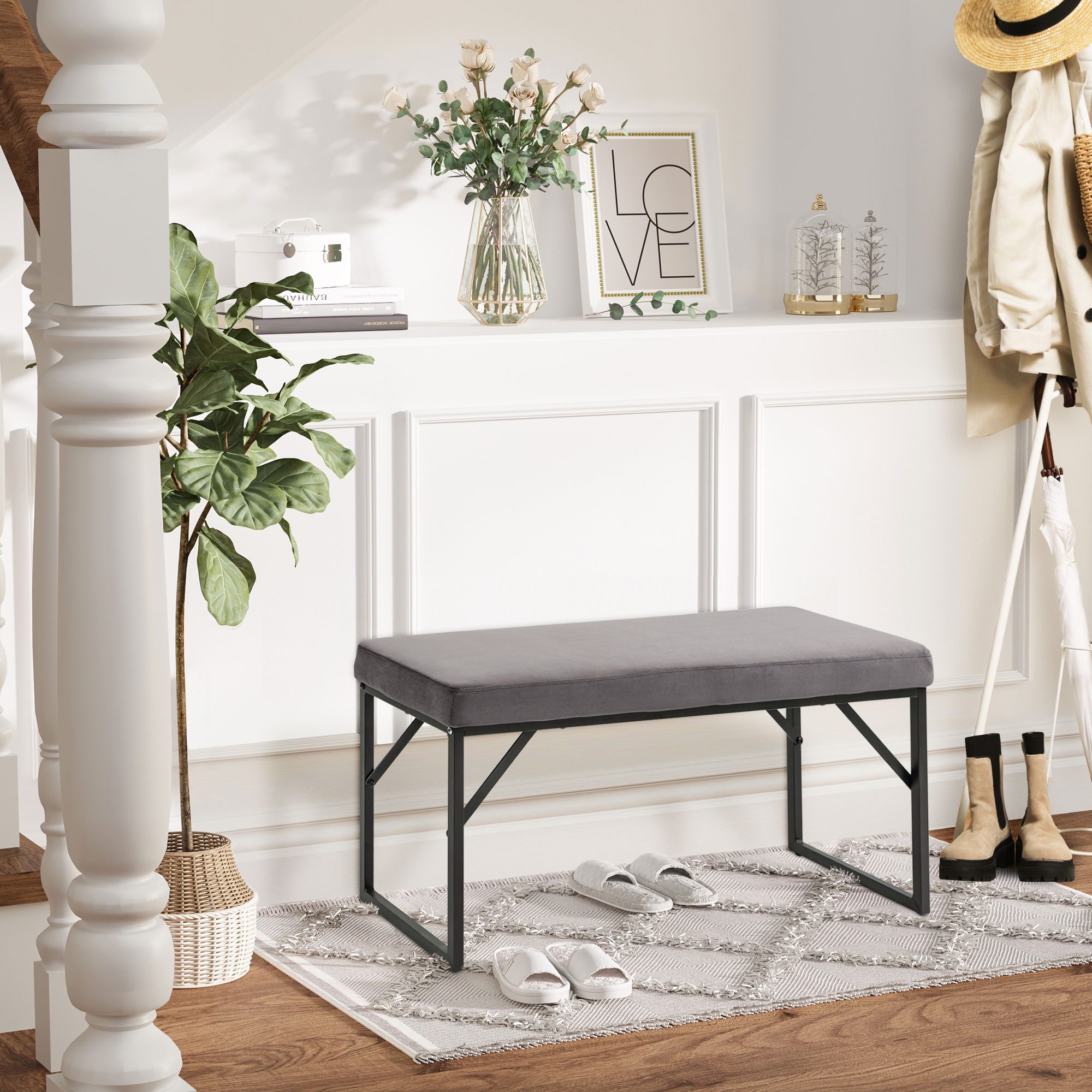 MODFU Polsterbank Dunkelgrau 115x46x49 cm, Samtoptik, vielseitig nutzbar (Packung, 1-St., Sitzbank für Wohnzimmer, Schlafzimmer & Flur), Stilvolle Bettbank & Schminkbank mit bequemer Polsterung