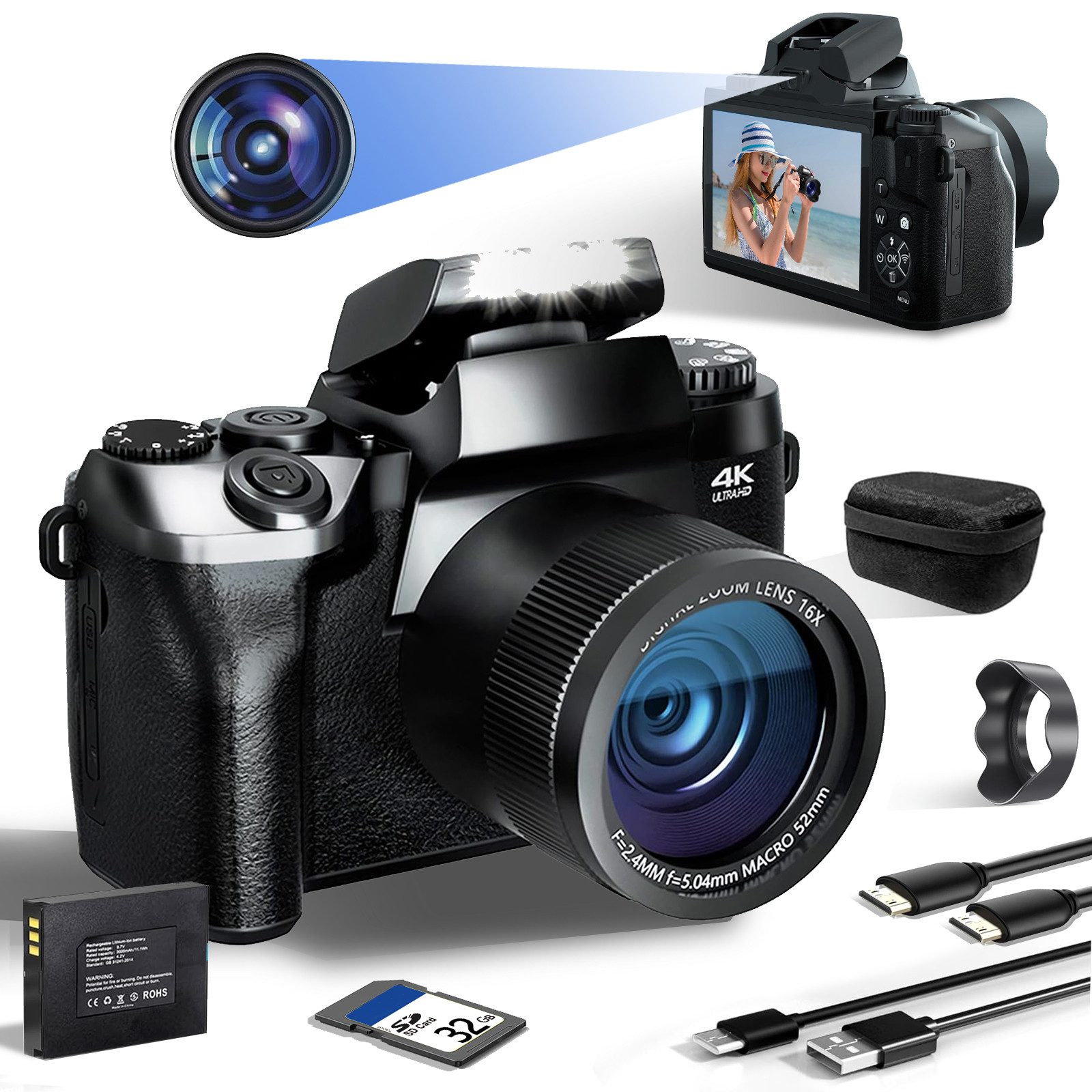 Fine Life Pro Digitalkamera 4K Autofokus 64MP 16X Digitalzoom Kompaktkamera (WLAN (Wi-Fi), inkl. Touchscreen Fotokamera mit Haube, 64GB TF-Karte, Kompaktkamera mit WiFi Funktion, Vlog Kamera für Senioren Anfänger)