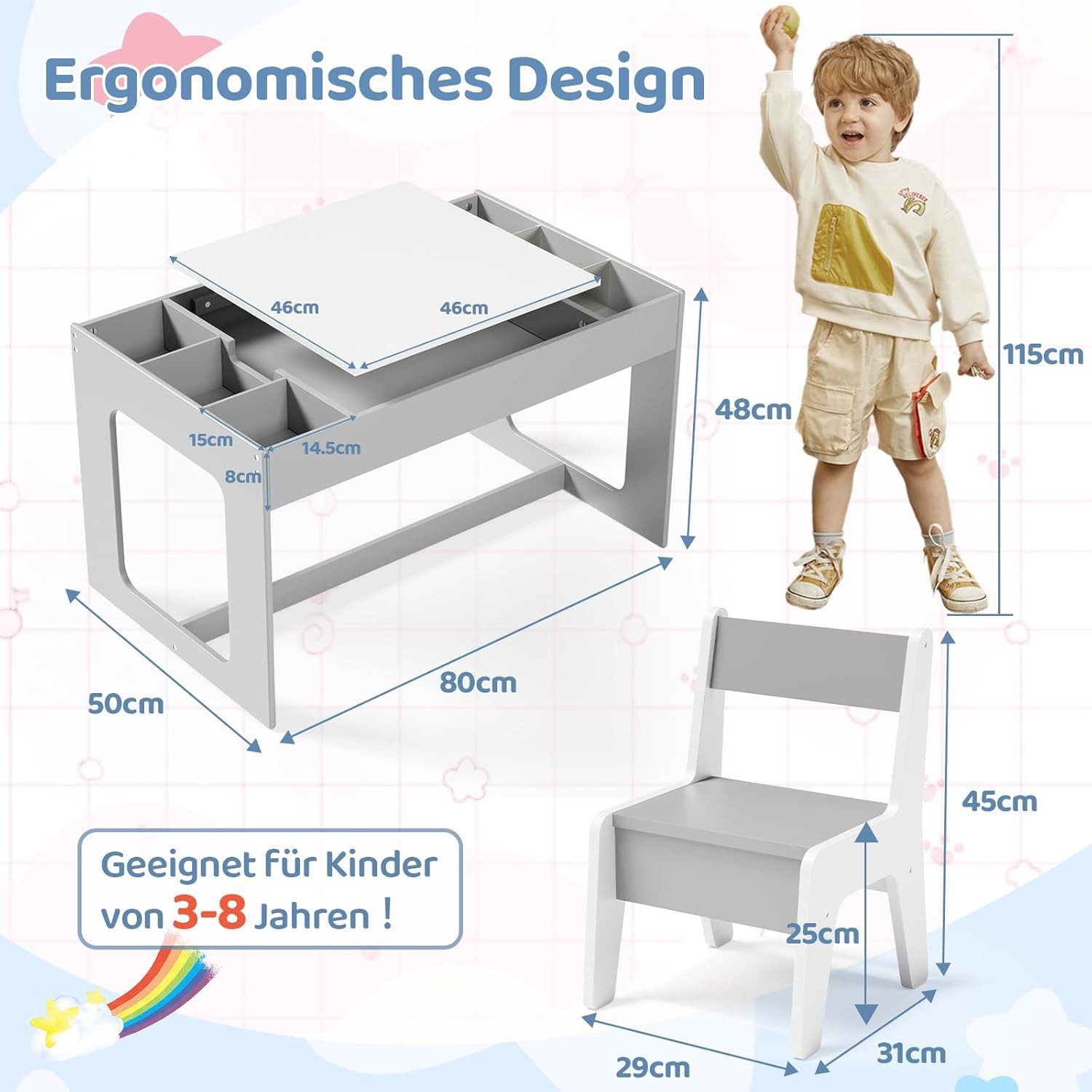 TLGREEN Kindertisch mit 2 Stühlen, Kindersitzgruppe (Kinder Tisch Stuhl Set mit wendbarer Tischplatte, 80 x 48 x 48 cm), Kinderschreibtisch für Schule, Kindertagesstätte, Kinderzimmer