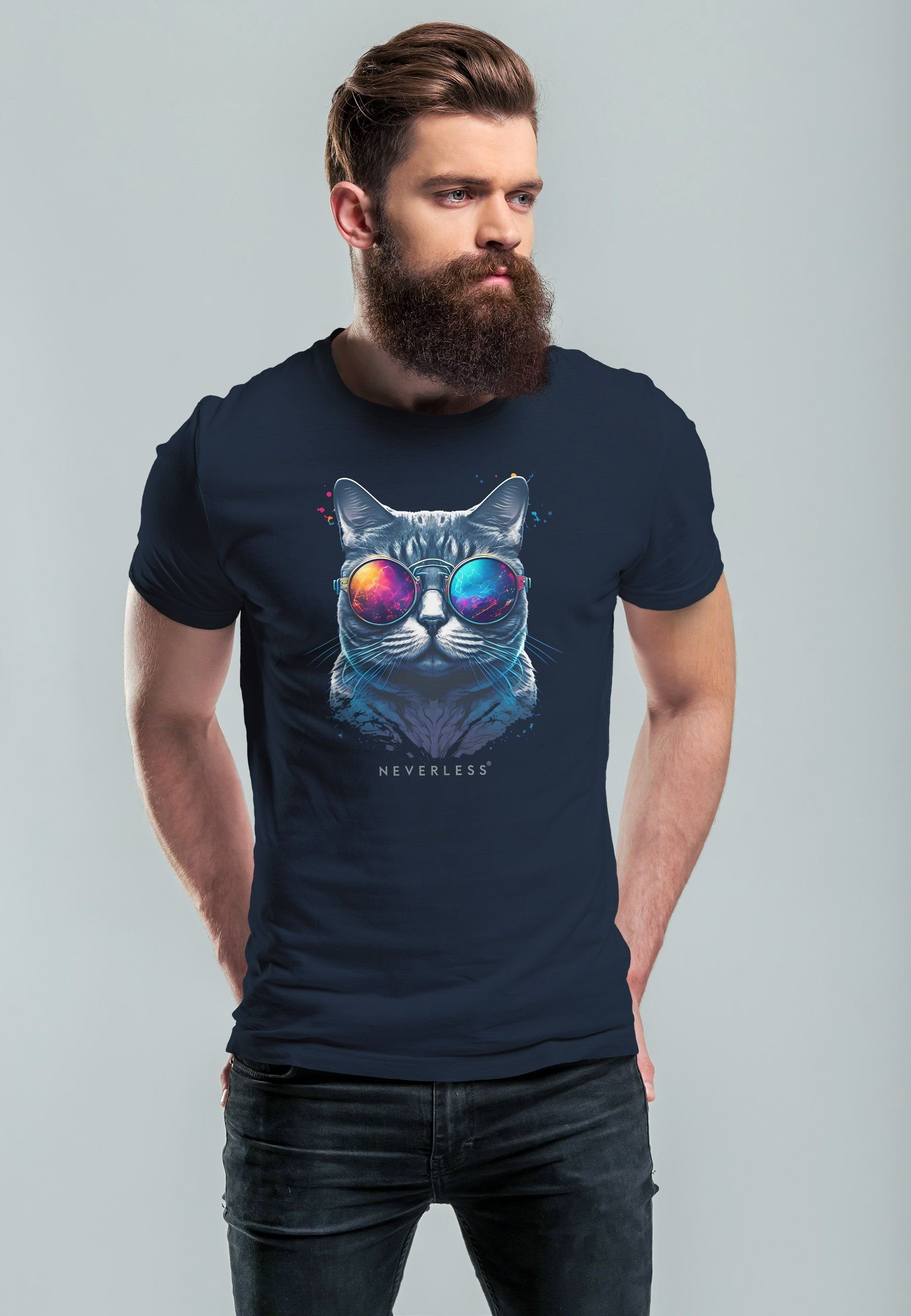 Aufdruck navy T-Shirt Herren mit Katze Cat Style Sommer Print-Shirt Fashion Print Pr Neverless Sonnenbrille