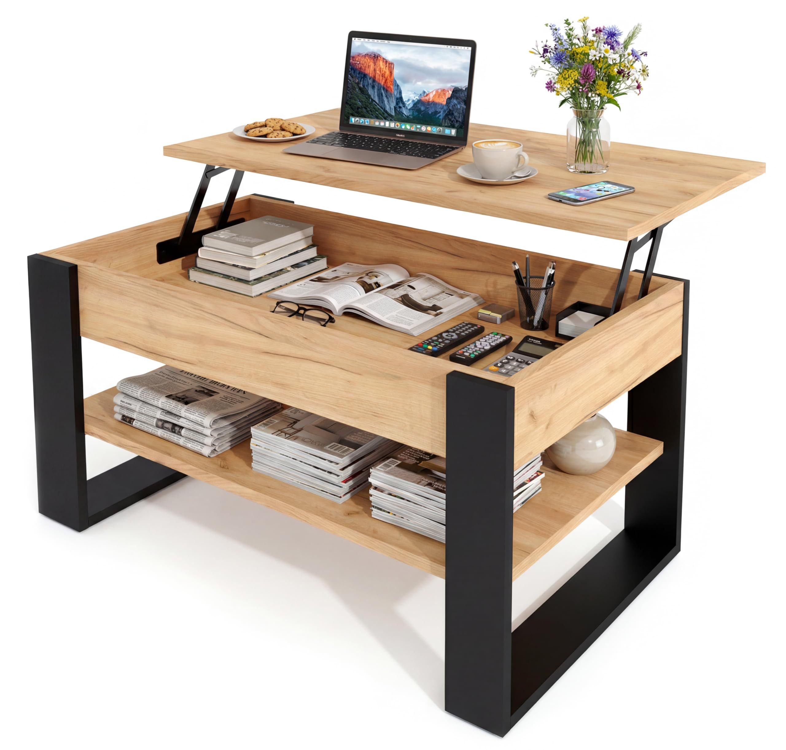 TREND WERK Couchtisch Lift-Couchtisch höhenverstellbar Sofatisch 92×54 cm mit Stauraum, verstecktem Fach Wohnzimmertisch Holz modern