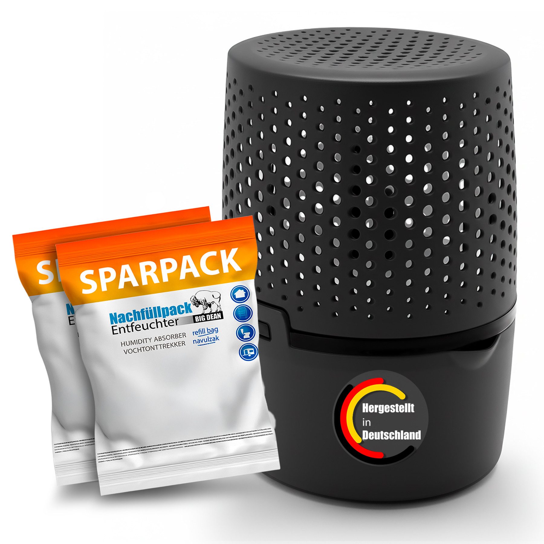 BigDean Granulat-Luftentfeuchter XL Design Made in Germany – Ovale Box für Granulat-Beutel & Tabs, für 70 m³ Räume, Entfeuchtung 0,04 l/Tag, Tank 1,2 l, Extra groß, Ausgießer, nachfüllbar.