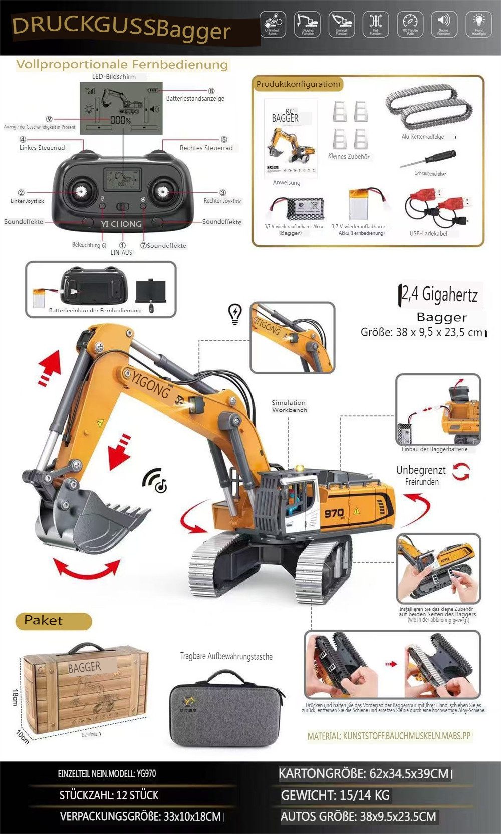 Insma RC-Bagger 1:50 RC Kettenbagger 3km/h, Ferngesteuertes Baustellenfahrzeug RTR mit Sound & 4 Lichteffekten